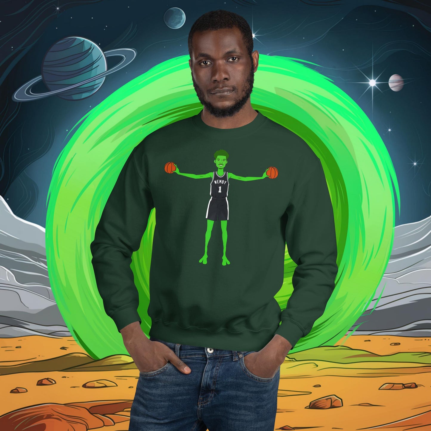 Victor Wembanyama Alien Wemby Funny NBA Basketball San Antonio Spurs Unisex Sweatshirt Forest Green Sweatshirts Basketball NBA San Antonio Spurs Victor Wembanyama Wemby Next Cult Brand