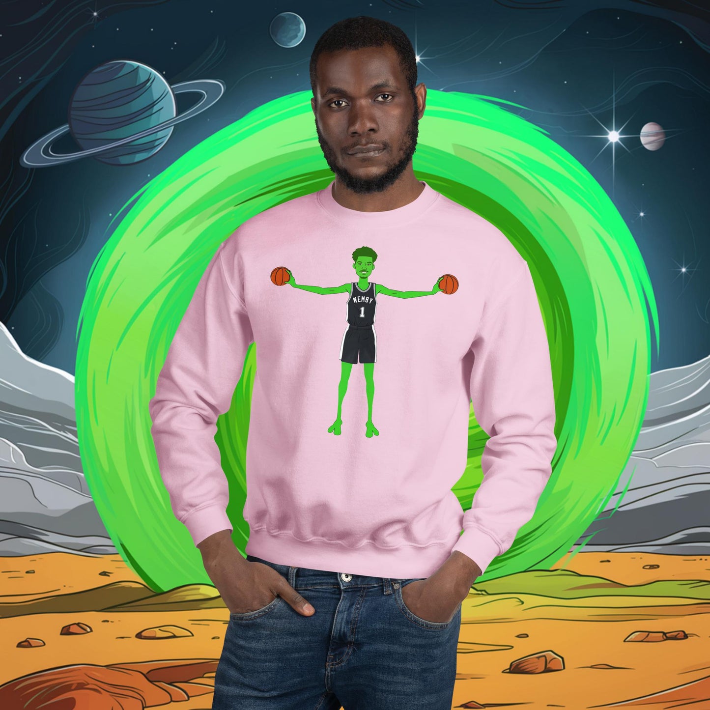 Victor Wembanyama Alien Wemby Funny NBA Basketball San Antonio Spurs Unisex Sweatshirt Light Pink Sweatshirts Basketball NBA San Antonio Spurs Victor Wembanyama Wemby Next Cult Brand