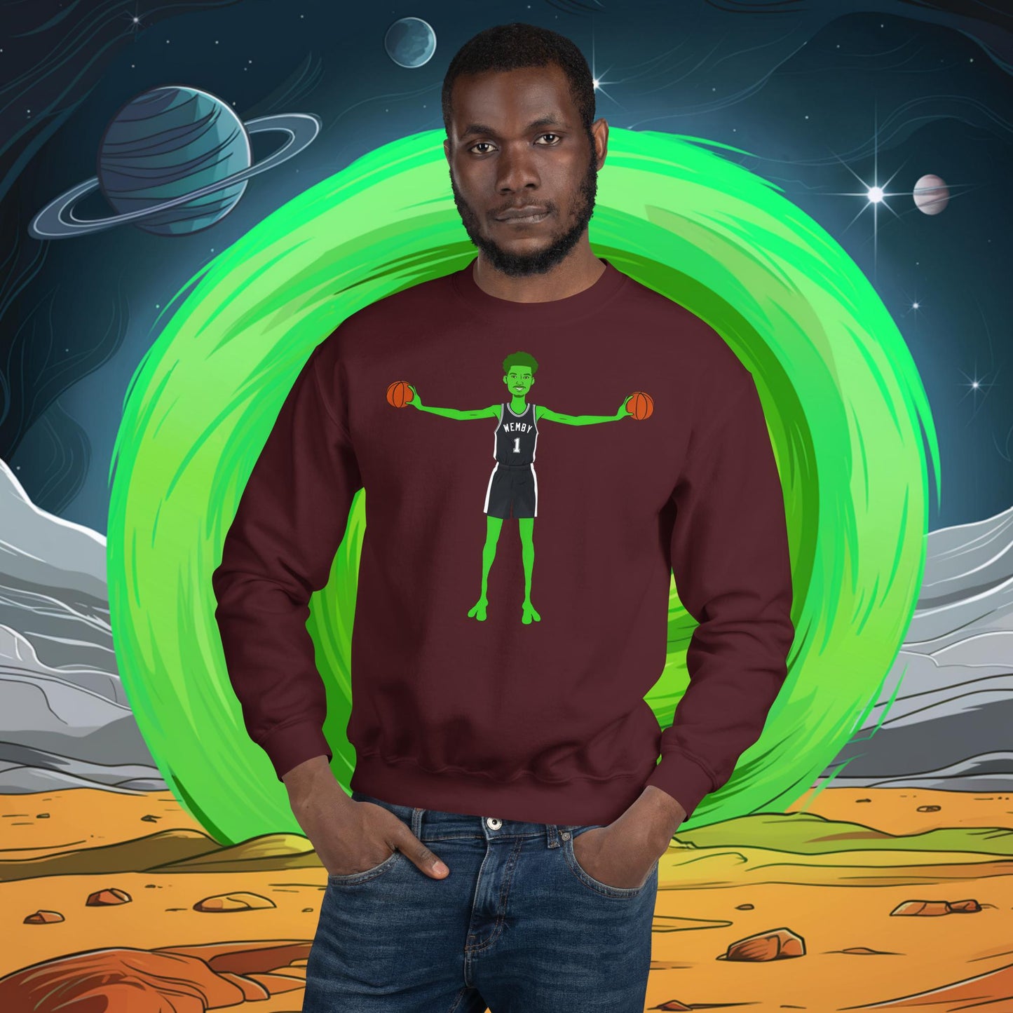 Victor Wembanyama Alien Wemby Funny NBA Basketball San Antonio Spurs Unisex Sweatshirt Maroon Sweatshirts Basketball NBA San Antonio Spurs Victor Wembanyama Wemby Next Cult Brand