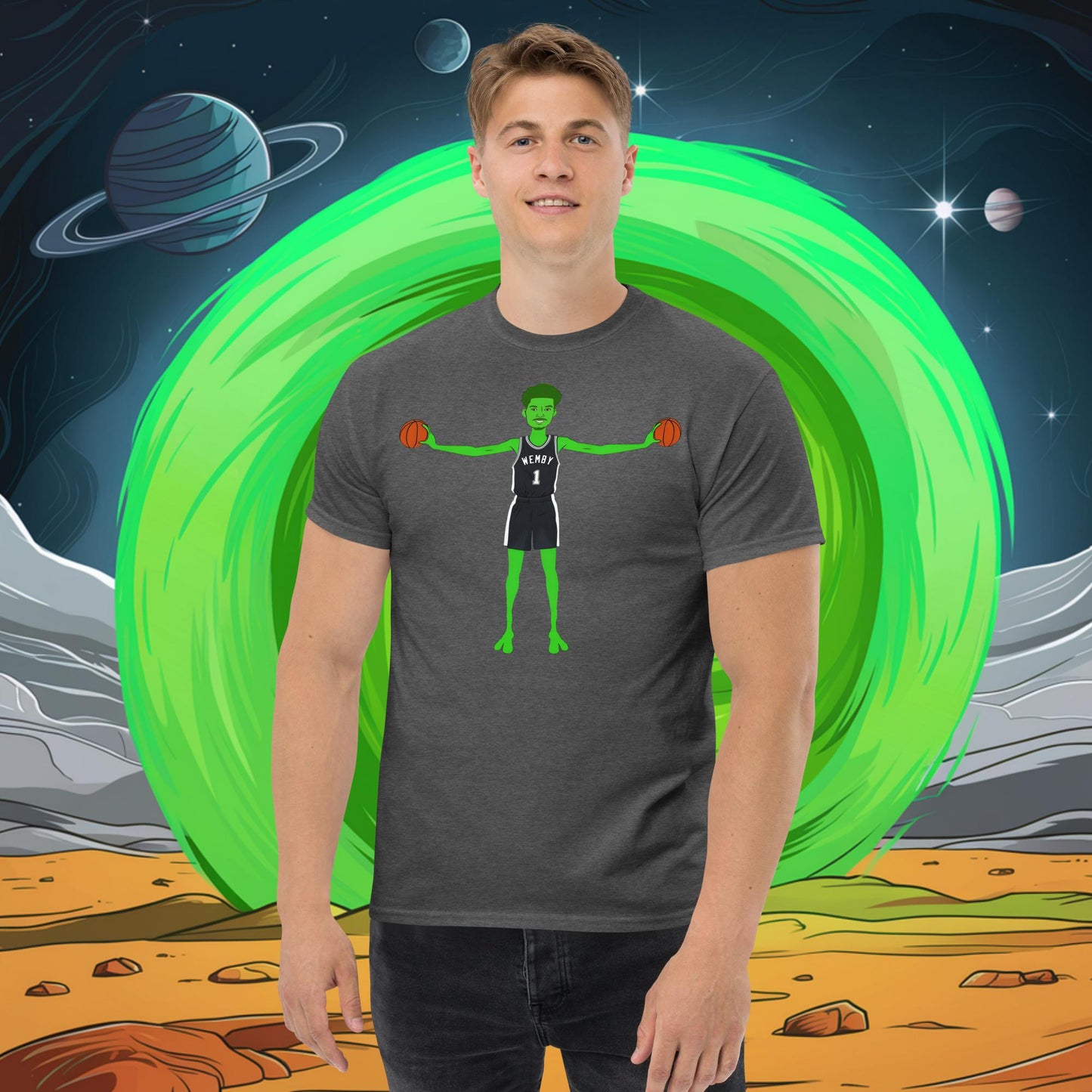 Victor Wembanyama Alien Wemby Funny NBA Basketball San Antonio Spurs Unisex tee Dark Heather T-shirts Basketball NBA San Antonio Spurs Victor Wembanyama Wemby Next Cult Brand