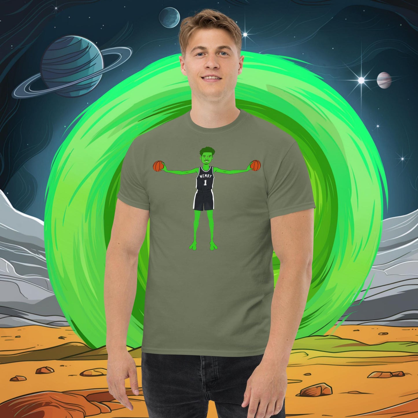 Victor Wembanyama Alien Wemby Funny NBA Basketball San Antonio Spurs Unisex tee Military Green T-shirts Basketball NBA San Antonio Spurs Victor Wembanyama Wemby Next Cult Brand