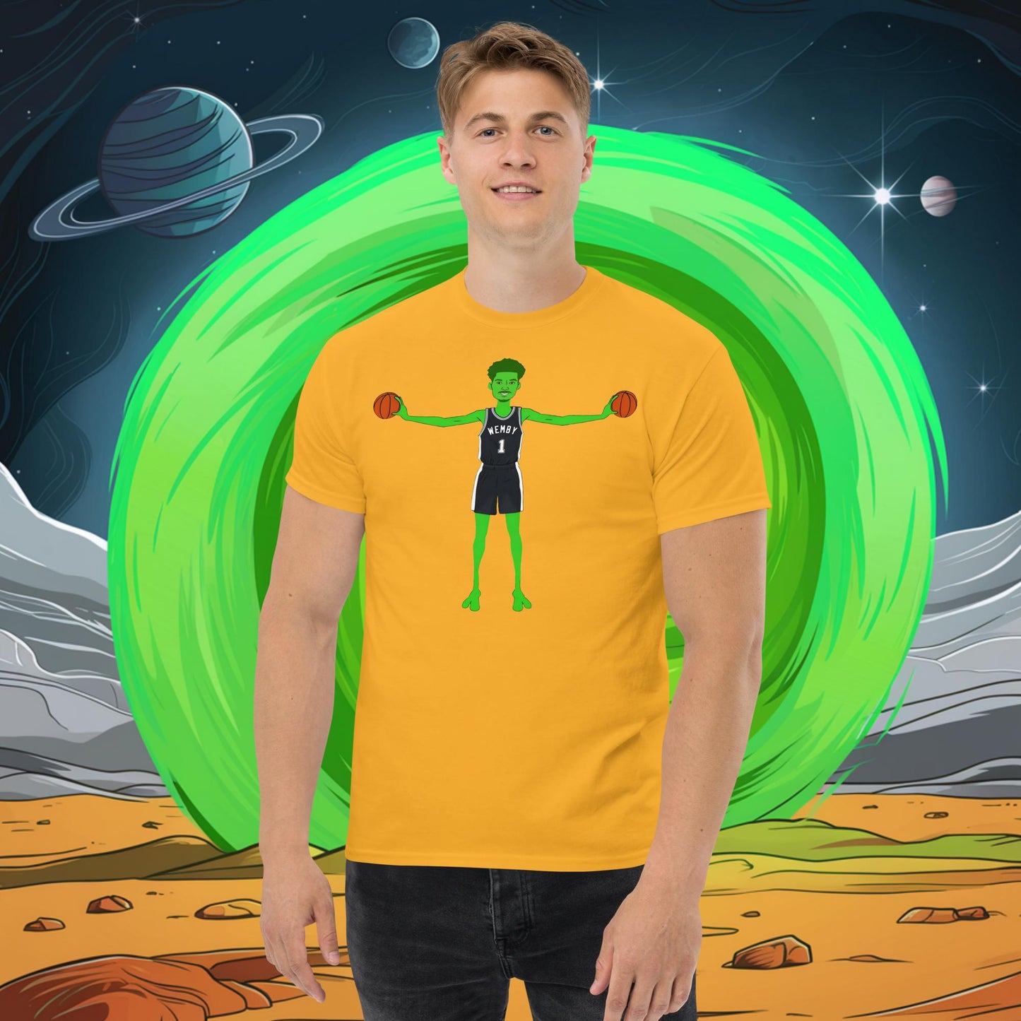 Victor Wembanyama Alien Wemby Funny NBA Basketball San Antonio Spurs Unisex tee Gold T-shirts Basketball NBA San Antonio Spurs Victor Wembanyama Wemby Next Cult Brand