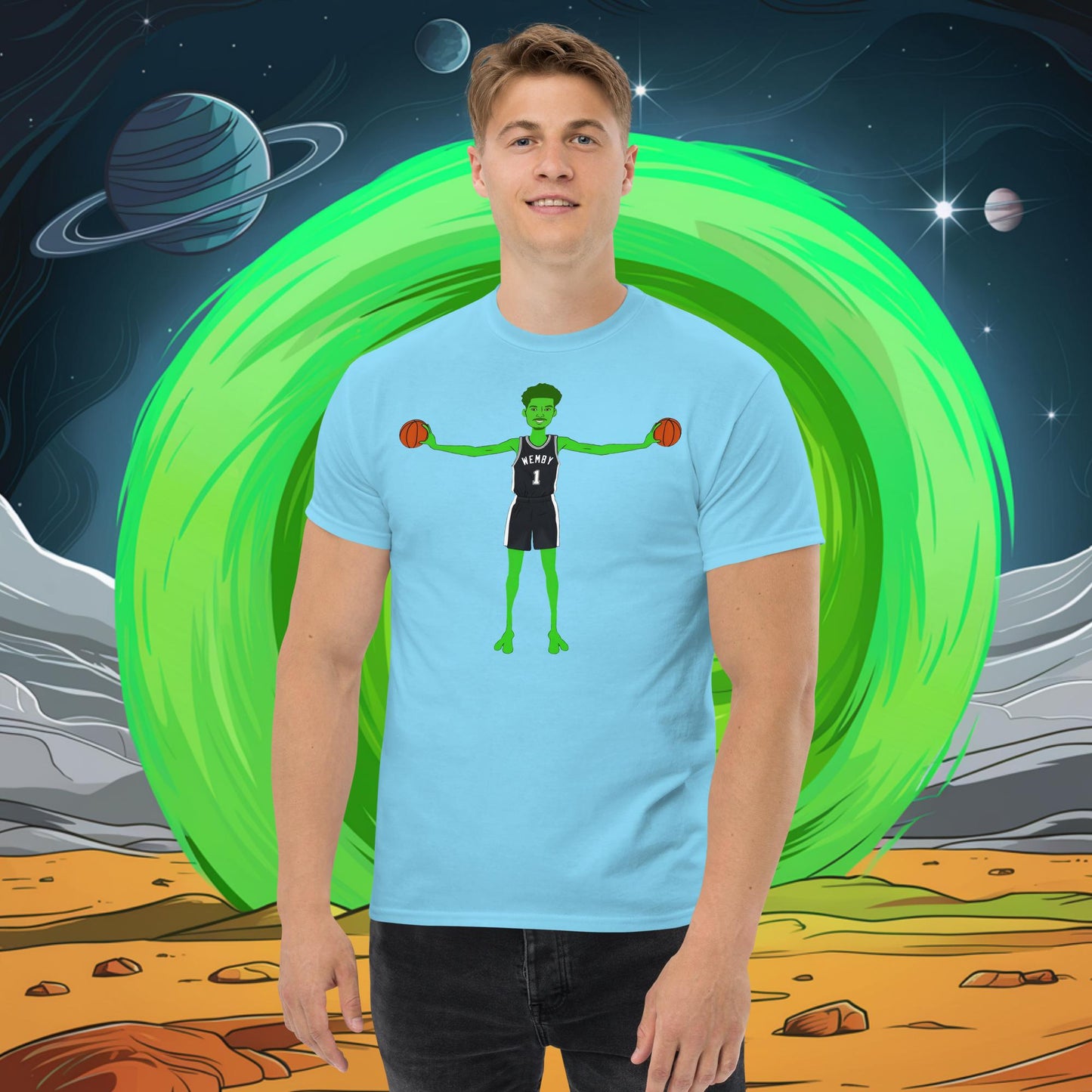 Victor Wembanyama Alien Wemby Funny NBA Basketball San Antonio Spurs Unisex tee Sky T-shirts Basketball NBA San Antonio Spurs Victor Wembanyama Wemby Next Cult Brand