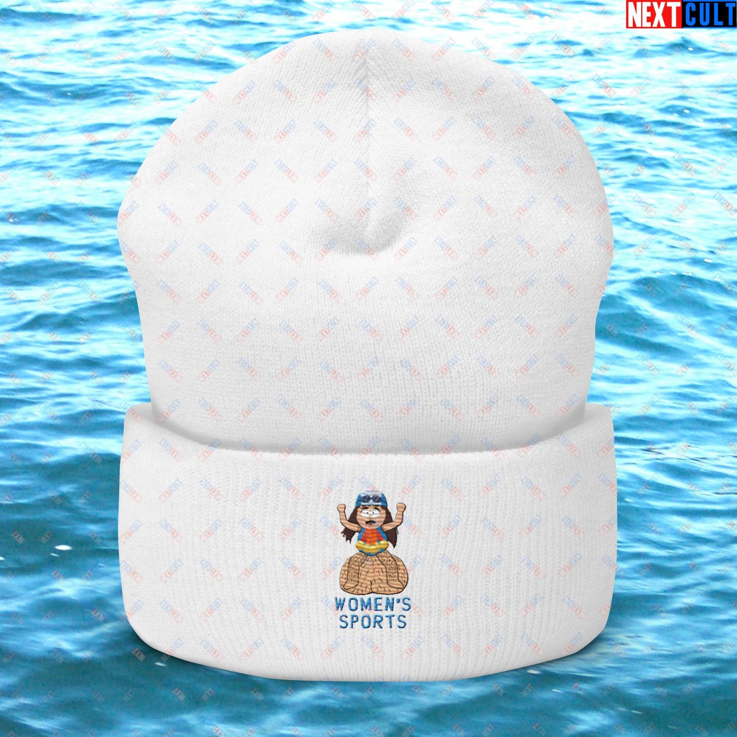 Women's Sports Funny Lia Thomas Swimming Female Sports Trans Athlete Cuffed Beanie White Hats LGBTQ+ South Park TV Shows Next Cult Brand