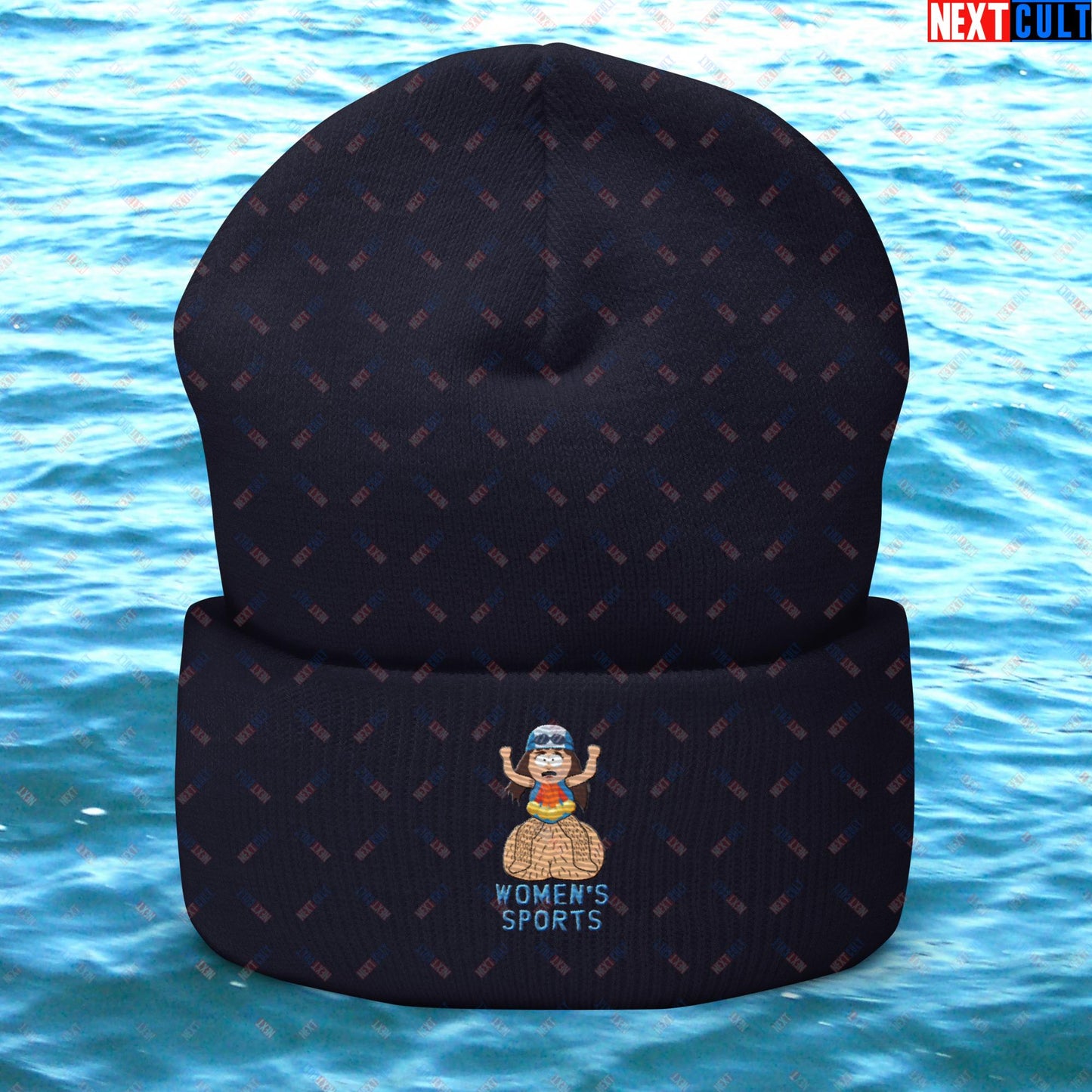 Women's Sports Funny Lia Thomas Swimming Female Sports Trans Athlete Cuffed Beanie Navy Hats LGBTQ+ South Park TV Shows Next Cult Brand