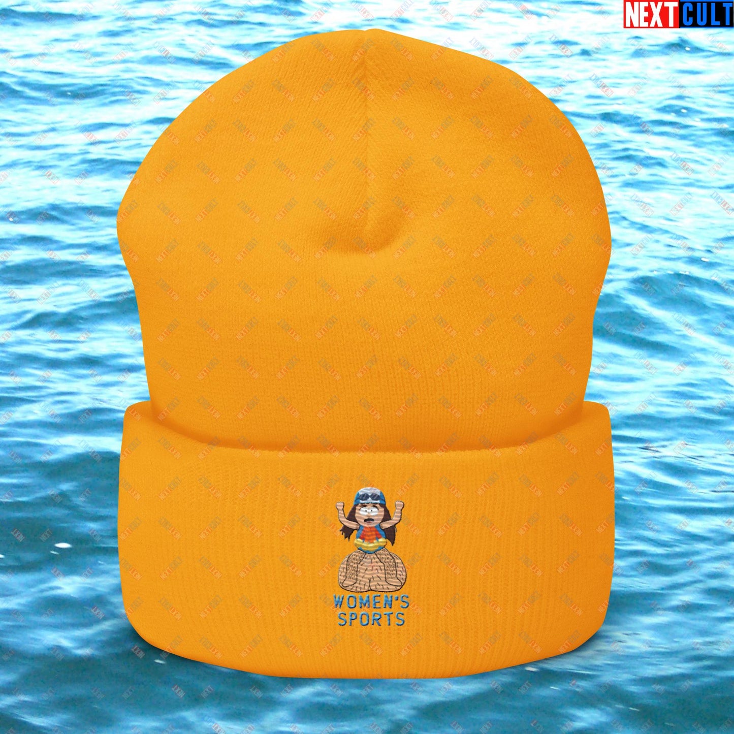 Women's Sports Funny Lia Thomas Swimming Female Sports Trans Athlete Cuffed Beanie Gold Hats LGBTQ+ South Park TV Shows Next Cult Brand