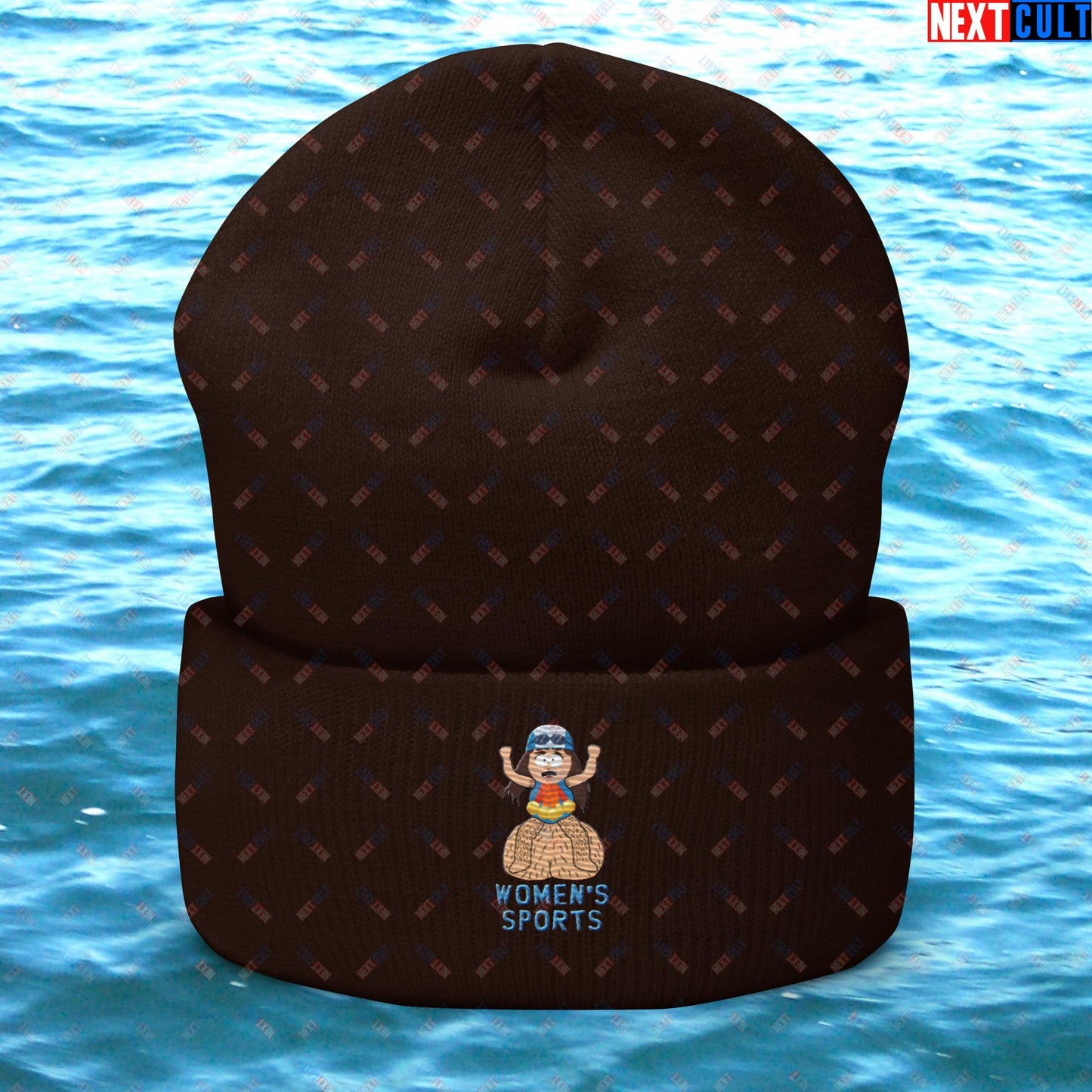 Women's Sports Funny Lia Thomas Swimming Female Sports Trans Athlete Cuffed Beanie Brown Hats LGBTQ+ South Park TV Shows Next Cult Brand