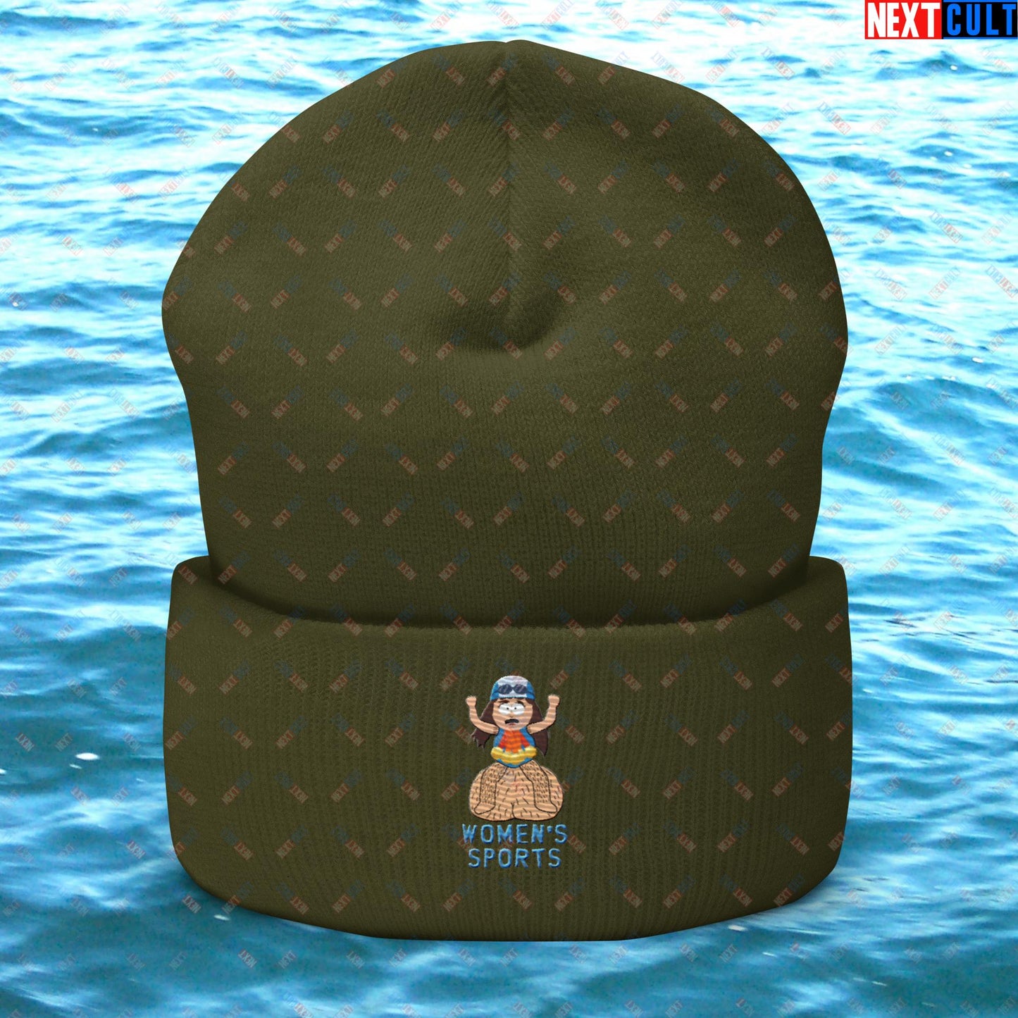Women's Sports Funny Lia Thomas Swimming Female Sports Trans Athlete Cuffed Beanie Olive Hats LGBTQ+ South Park TV Shows Next Cult Brand