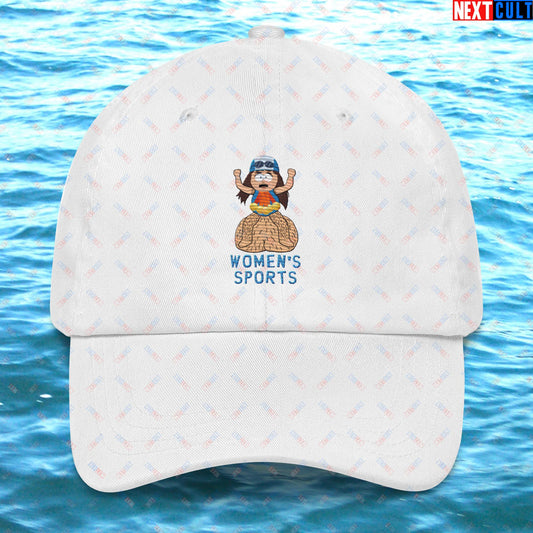 Women's Sports Funny Lia Thomas Swimming Female Sports Trans Athlete Dad hat White Hats LGBTQ+ South Park TV Shows Next Cult Brand