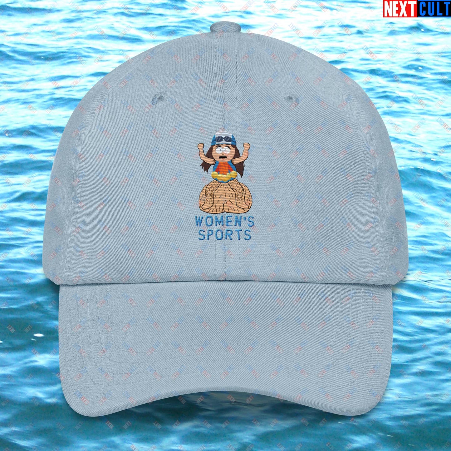 Women's Sports Funny Lia Thomas Swimming Female Sports Trans Athlete Dad hat Light Blue Hats LGBTQ+ South Park TV Shows Next Cult Brand