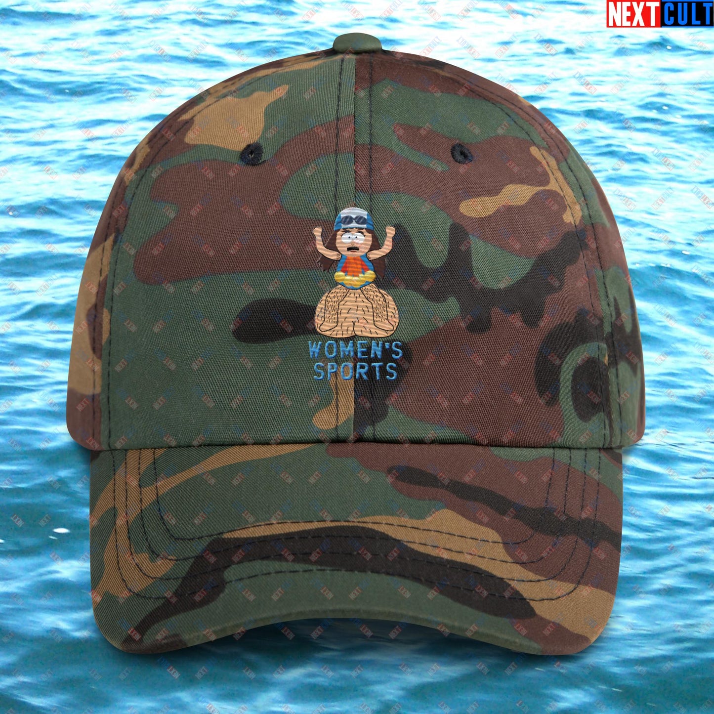 Women's Sports Funny Lia Thomas Swimming Female Sports Trans Athlete Dad hat Green Camo Hats LGBTQ+ South Park TV Shows Next Cult Brand