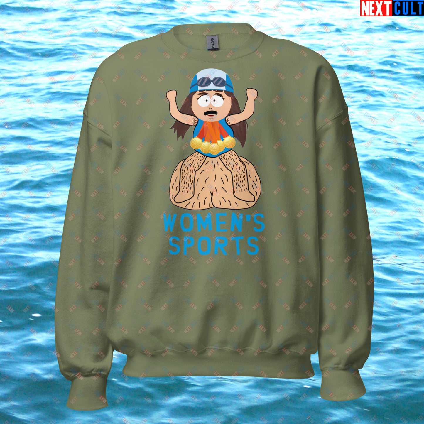 Women's Sports Funny Lia Thomas Swimming Female Sports Trans Athlete Unisex Sweatshirt Military Green Sweatshirts LGBTQ+ South Park TV Shows Next Cult Brand