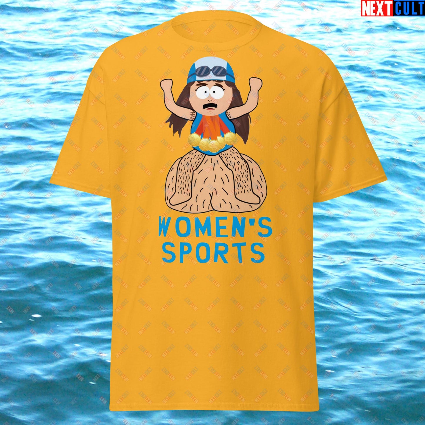 Women's Sports Funny Lia Thomas Swimming Female Sports Trans Athlete Unisex tee Gold T-shirts LGBTQ+ South Park TV Shows Next Cult Brand