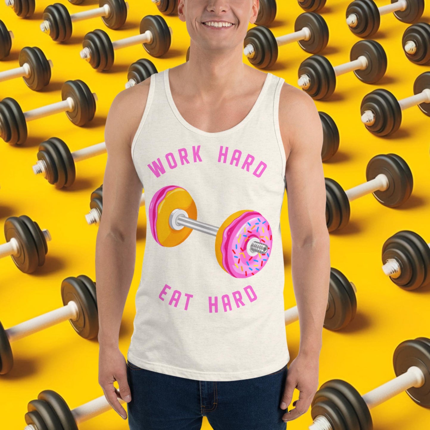 Work Hard Eat Hard Donut Dumbbell Donuts Barbell Funny Bulk Diet Gym Workout Fitness Bodybuilding Tank Top Oatmeal Triblend Tank Tops Bodybuilding Bulking Donuts Fast Food Fitness Gym Workout Next Cult Brand