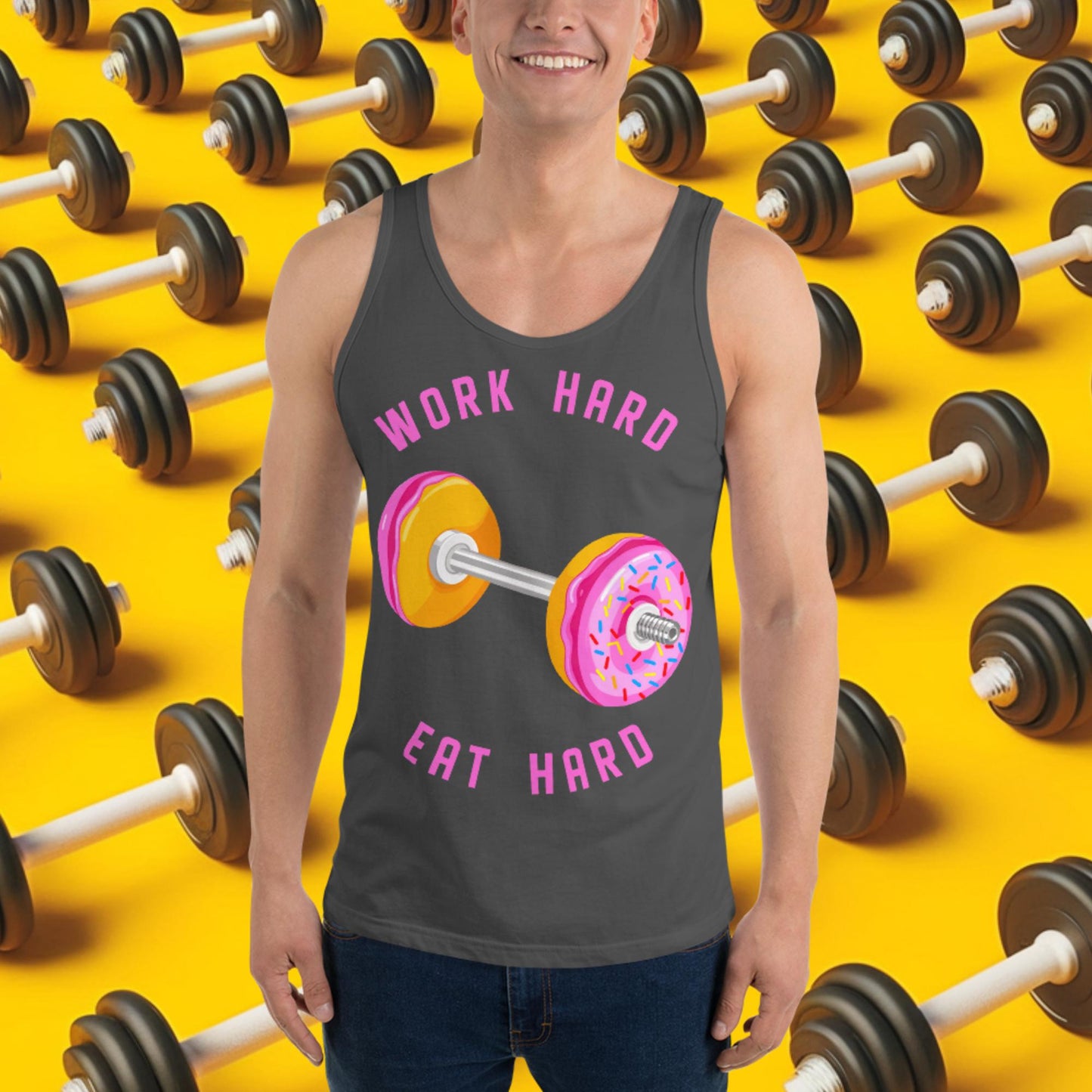 Work Hard Eat Hard Donut Dumbbell Donuts Barbell Funny Bulk Diet Gym Workout Fitness Bodybuilding Tank Top Asphalt Tank Tops Bodybuilding Bulking Donuts Fast Food Fitness Gym Workout Next Cult Brand