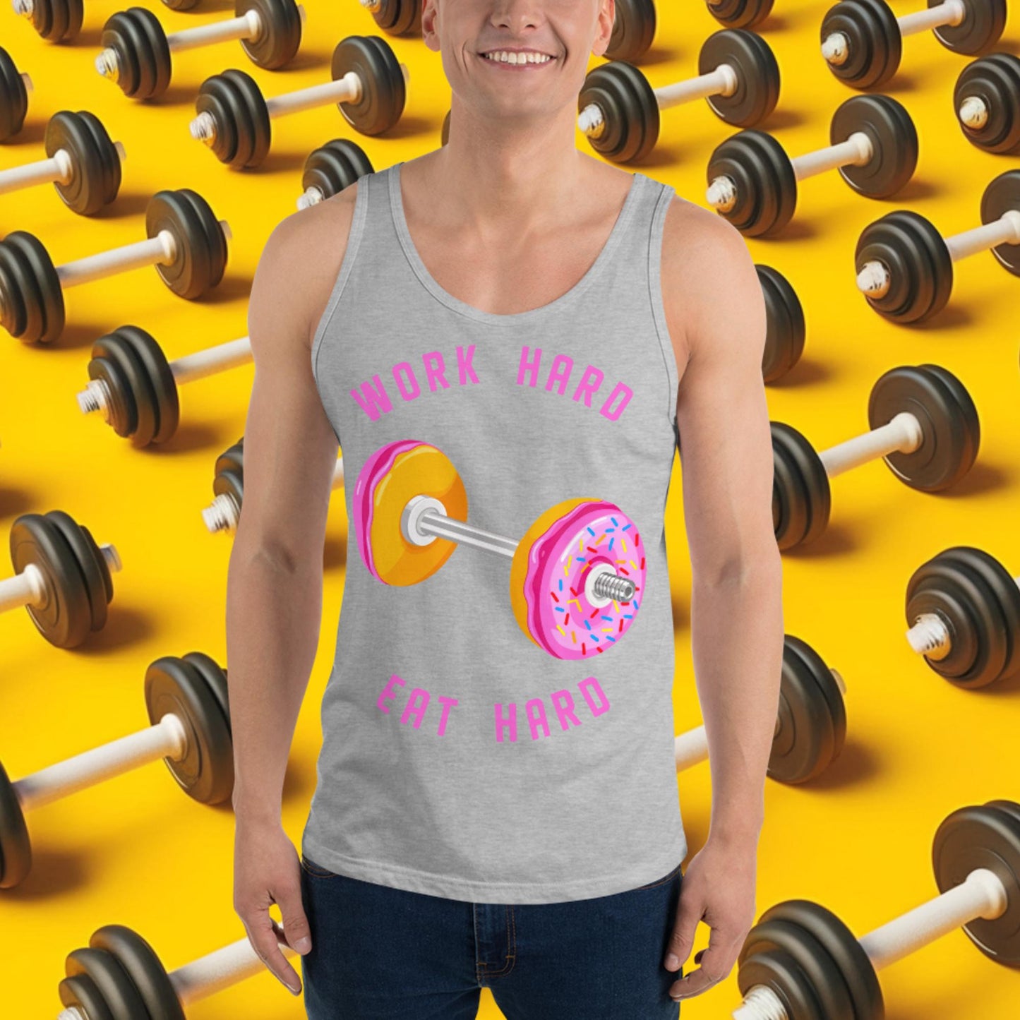 Work Hard Eat Hard Donut Dumbbell Donuts Barbell Funny Bulk Diet Gym Workout Fitness Bodybuilding Tank Top Athletic Heather Tank Tops Bodybuilding Bulking Donuts Fast Food Fitness Gym Workout Next Cult Brand