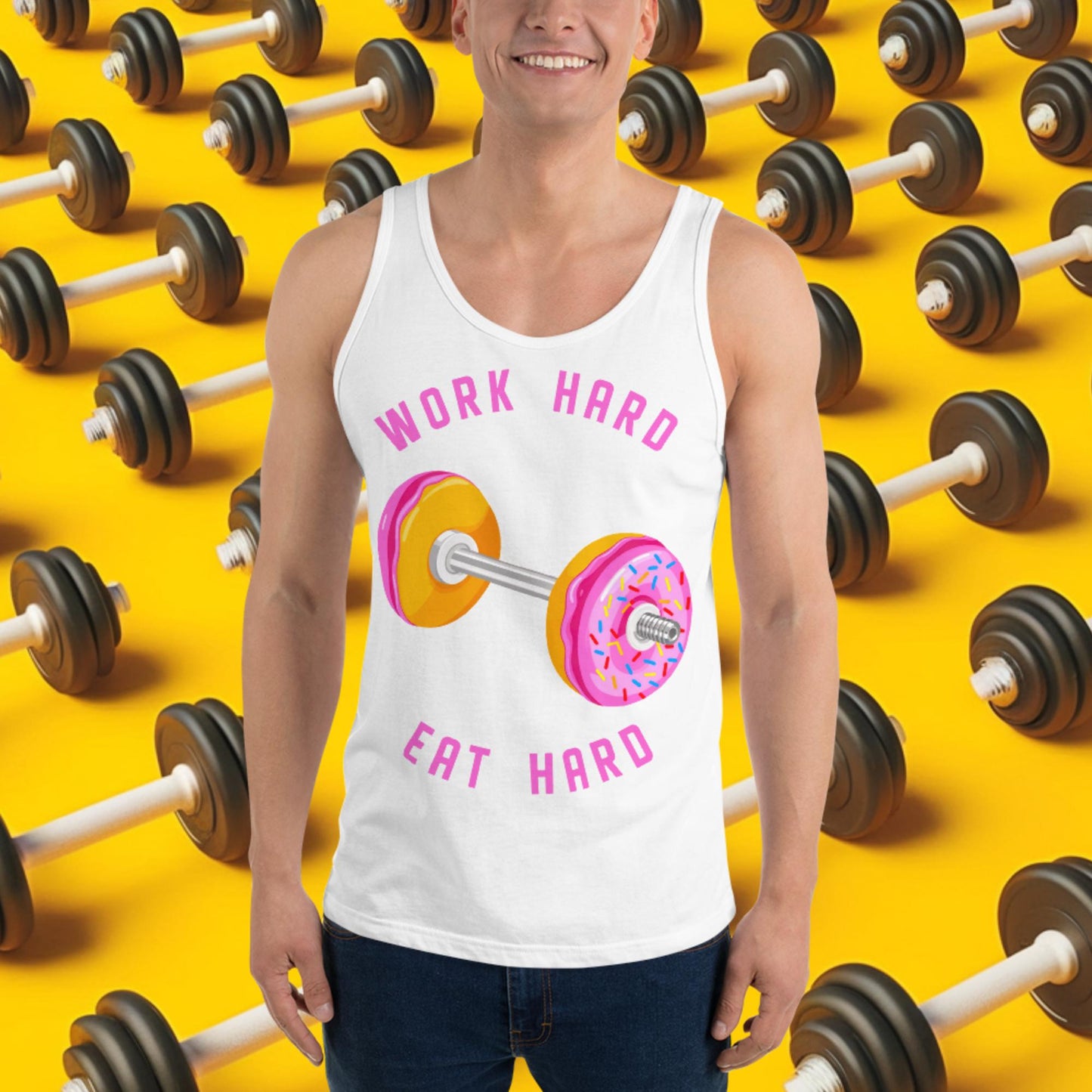 Work Hard Eat Hard Donut Dumbbell Donuts Barbell Funny Bulk Diet Gym Workout Fitness Bodybuilding Tank Top White Tank Tops Bodybuilding Bulking Donuts Fast Food Fitness Gym Workout Next Cult Brand
