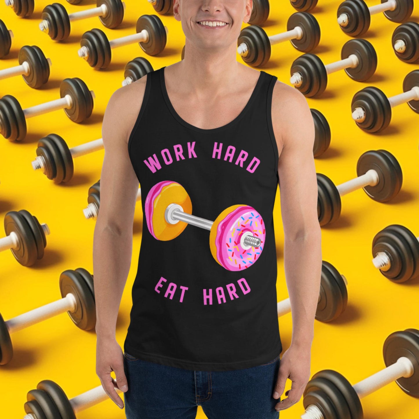 Work Hard Eat Hard Donut Dumbbell Donuts Barbell Funny Bulk Diet Gym Workout Fitness Bodybuilding Tank Top Black Tank Tops Bodybuilding Bulking Donuts Fast Food Fitness Gym Workout Next Cult Brand