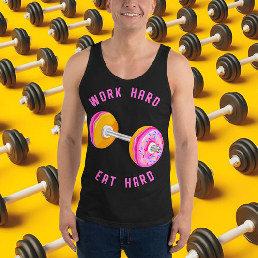 Work Hard Eat Hard Donut Dumbbell Donuts Barbell Funny Bulk Diet Gym Workout Fitness Bodybuilding Tank Top Black Tank Tops Bodybuilding Bulking Donuts Fast Food Fitness Gym Workout Next Cult Brand