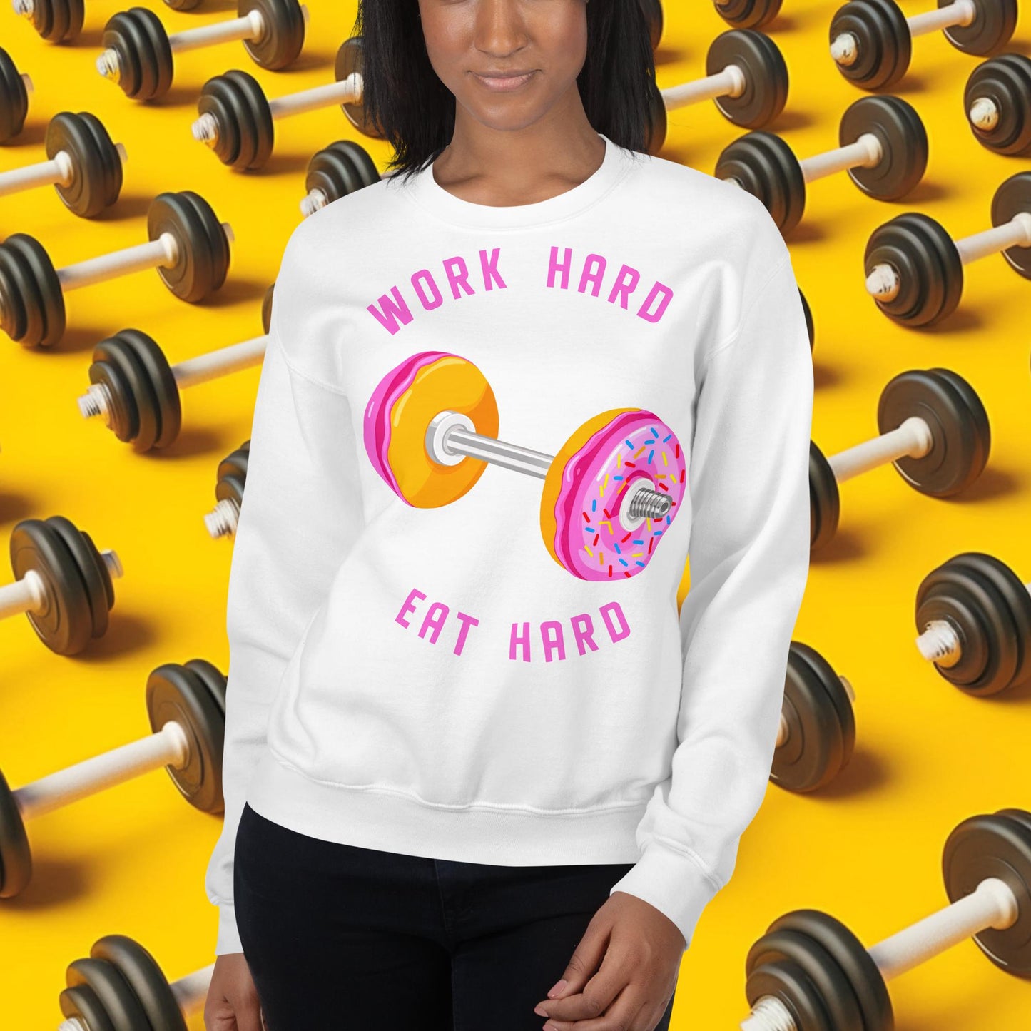 Work Hard Eat Hard Donut Dumbbell Donuts Barbell Funny Bulk Diet Gym Workout Fitness Bodybuilding Unisex Sweatshirt White Sweatshirts Bodybuilding Bulking Donuts Fast Food Fitness Gym Workout Next Cult Brand