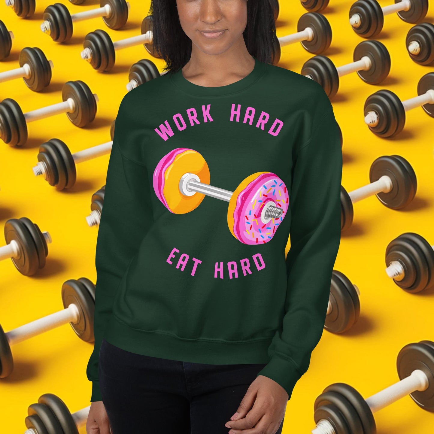 Work Hard Eat Hard Donut Dumbbell Donuts Barbell Funny Bulk Diet Gym Workout Fitness Bodybuilding Unisex Sweatshirt Forest Green Sweatshirts Bodybuilding Bulking Donuts Fast Food Fitness Gym Workout Next Cult Brand