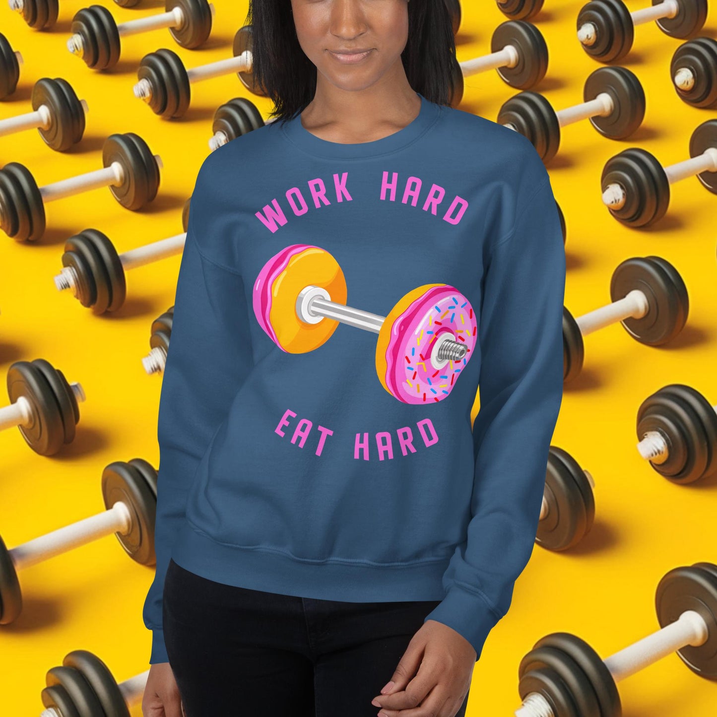 Work Hard Eat Hard Donut Dumbbell Donuts Barbell Funny Bulk Diet Gym Workout Fitness Bodybuilding Unisex Sweatshirt Indigo Blue Sweatshirts Bodybuilding Bulking Donuts Fast Food Fitness Gym Workout Next Cult Brand
