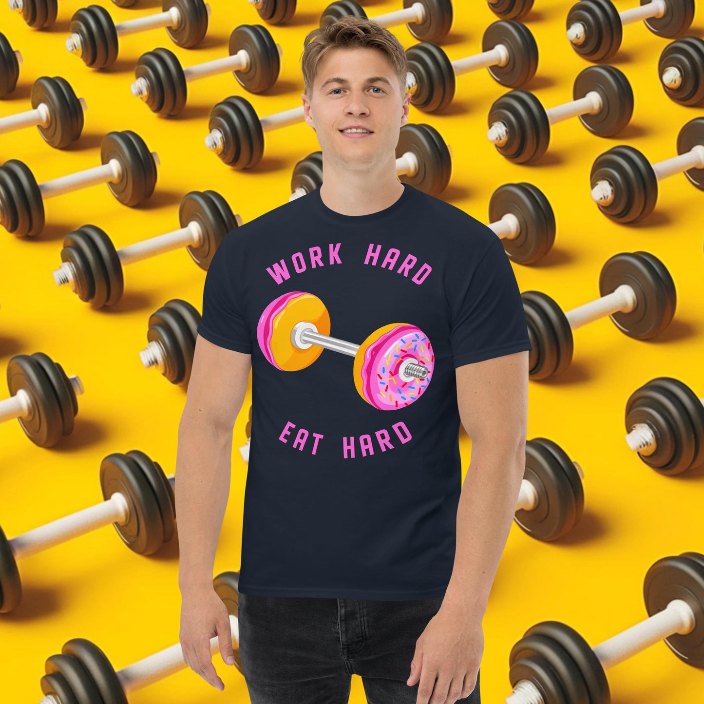 Work Hard Eat Hard Donut Dumbbell Donuts Barbell Funny Bulk Diet Gym Workout Fitness Bodybuilding tee Navy T-shirts Bodybuilding Bulking Donuts Fast Food Fitness Gym Pump Cover Workout Next Cult Brand