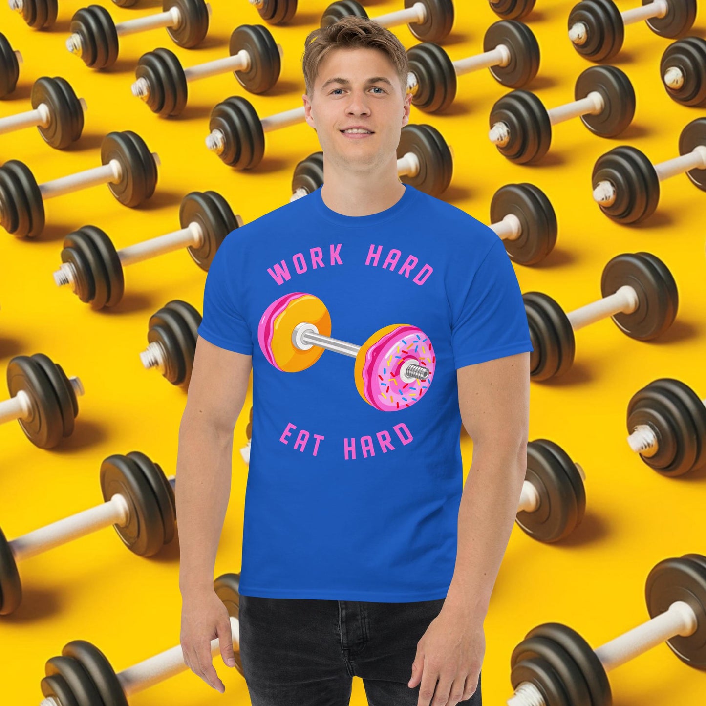 Work Hard Eat Hard Donut Dumbbell Donuts Barbell Funny Bulk Diet Gym Workout Fitness Bodybuilding tee Royal T-shirts Bodybuilding Bulking Donuts Fast Food Fitness Gym Pump Cover Workout Next Cult Brand