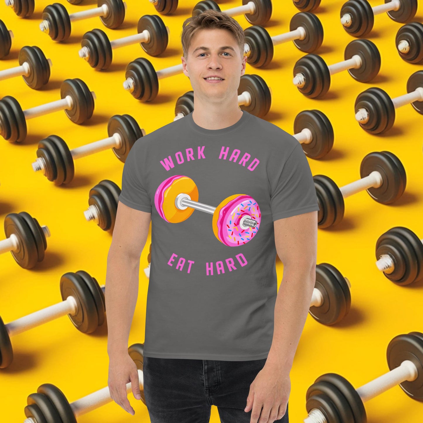 Work Hard Eat Hard Donut Dumbbell Donuts Barbell Funny Bulk Diet Gym Workout Fitness Bodybuilding tee Charcoal T-shirts Bodybuilding Bulking Donuts Fast Food Fitness Gym Pump Cover Workout Next Cult Brand