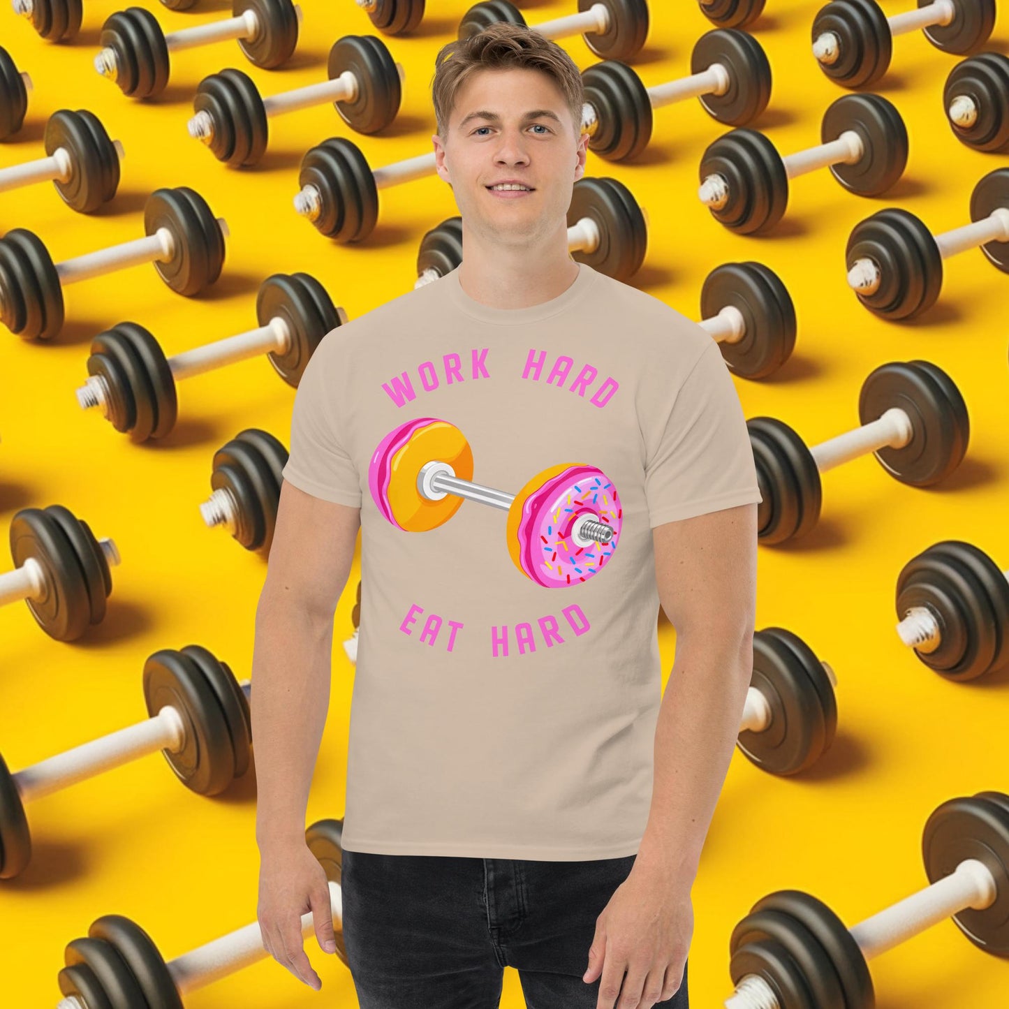 Work Hard Eat Hard Donut Dumbbell Donuts Barbell Funny Bulk Diet Gym Workout Fitness Bodybuilding tee Sand T-shirts Bodybuilding Bulking Donuts Fast Food Fitness Gym Pump Cover Workout Next Cult Brand