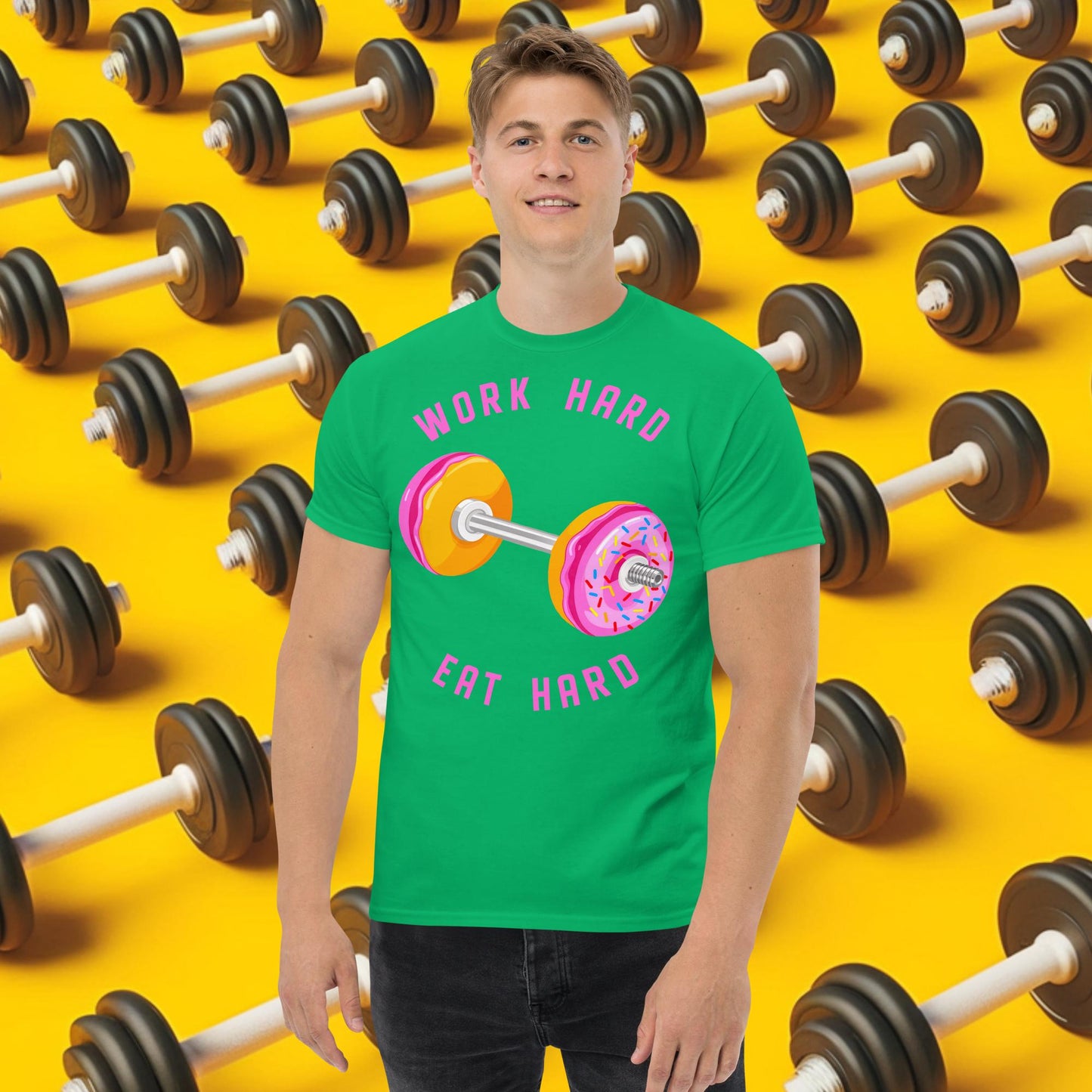 Work Hard Eat Hard Donut Dumbbell Donuts Barbell Funny Bulk Diet Gym Workout Fitness Bodybuilding tee Irish Green T-shirts Bodybuilding Bulking Donuts Fast Food Fitness Gym Pump Cover Workout Next Cult Brand