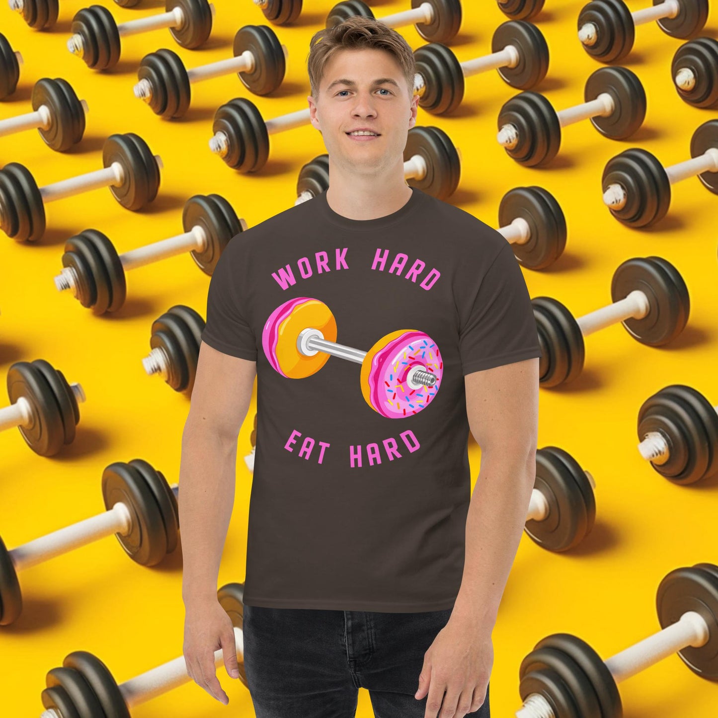 Work Hard Eat Hard Donut Dumbbell Donuts Barbell Funny Bulk Diet Gym Workout Fitness Bodybuilding tee Dark Chocolate T-shirts Bodybuilding Bulking Donuts Fast Food Fitness Gym Pump Cover Workout Next Cult Brand