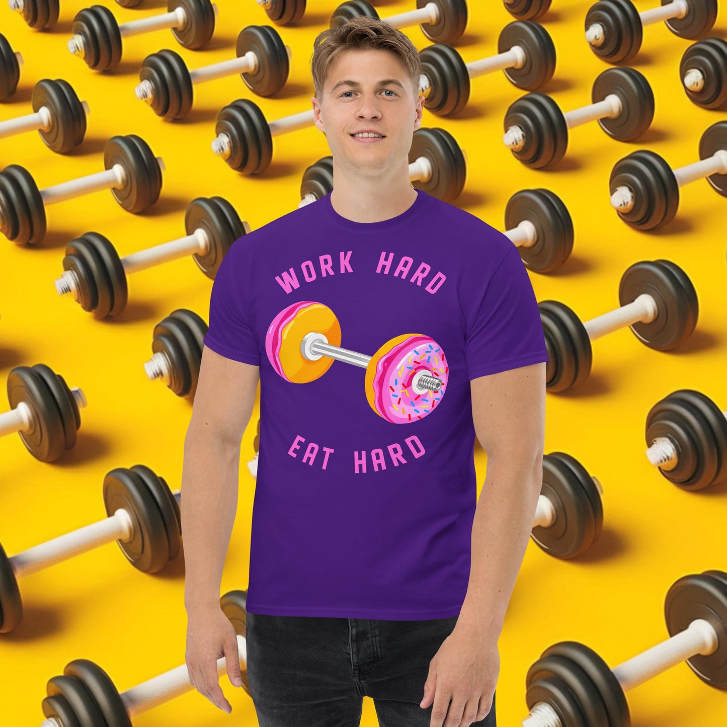 Work Hard Eat Hard Donut Dumbbell Donuts Barbell Funny Bulk Diet Gym Workout Fitness Bodybuilding tee Purple T-shirts Bodybuilding Bulking Donuts Fast Food Fitness Gym Pump Cover Workout Next Cult Brand