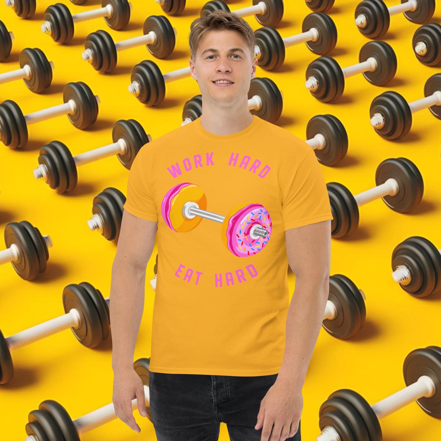 Work Hard Eat Hard Donut Dumbbell Donuts Barbell Funny Bulk Diet Gym Workout Fitness Bodybuilding tee Gold T-shirts Bodybuilding Bulking Donuts Fast Food Fitness Gym Pump Cover Workout Next Cult Brand