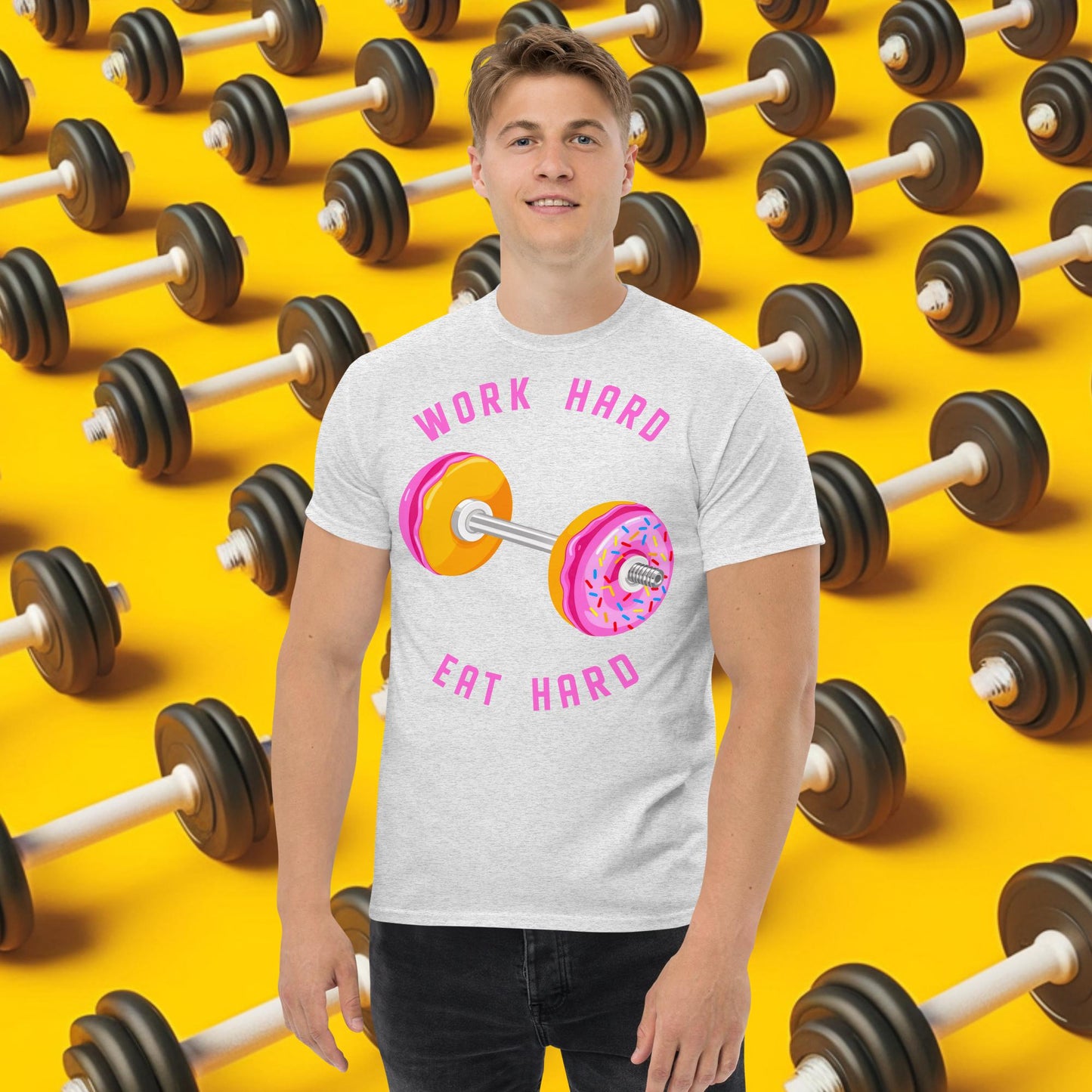 Work Hard Eat Hard Donut Dumbbell Donuts Barbell Funny Bulk Diet Gym Workout Fitness Bodybuilding tee Ash T-shirts Bodybuilding Bulking Donuts Fast Food Fitness Gym Pump Cover Workout Next Cult Brand