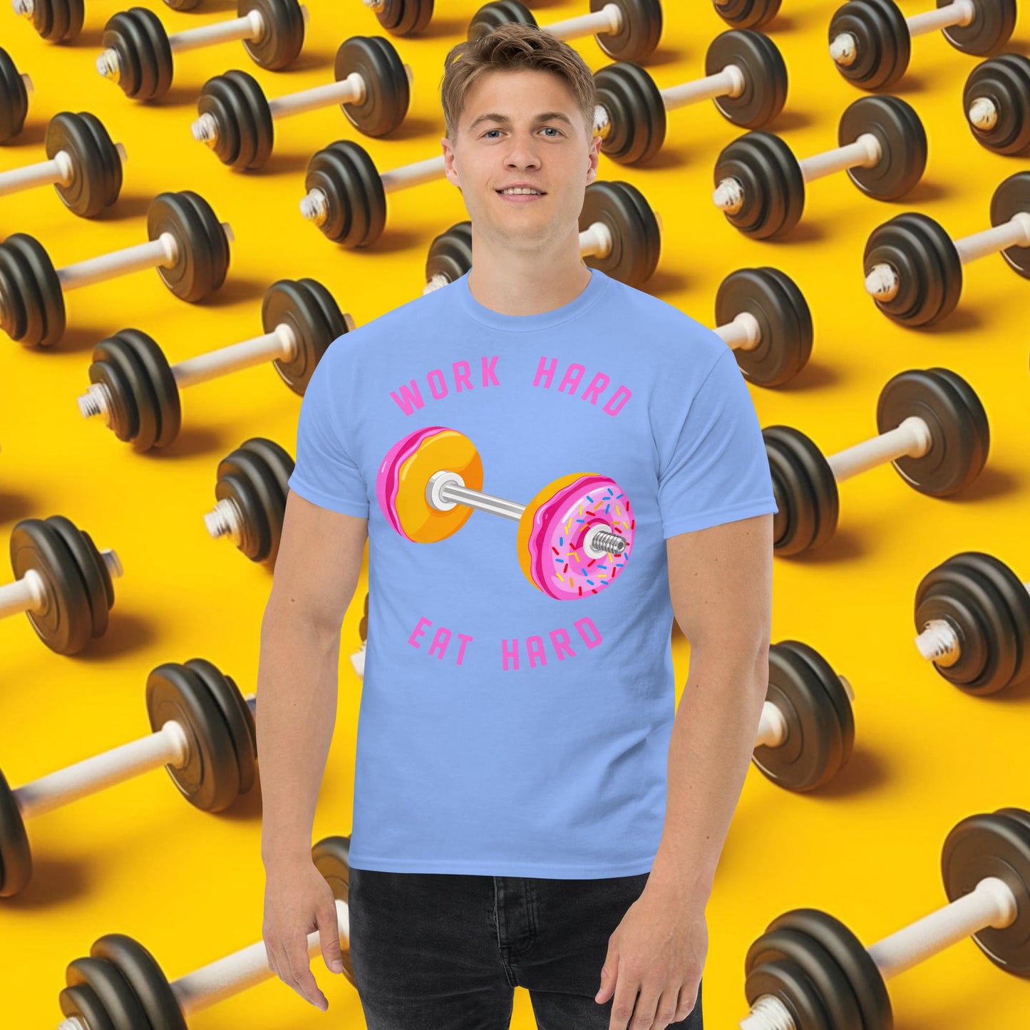 Work Hard Eat Hard Donut Dumbbell Donuts Barbell Funny Bulk Diet Gym Workout Fitness Bodybuilding tee Carolina Blue T-shirts Bodybuilding Bulking Donuts Fast Food Fitness Gym Pump Cover Workout Next Cult Brand