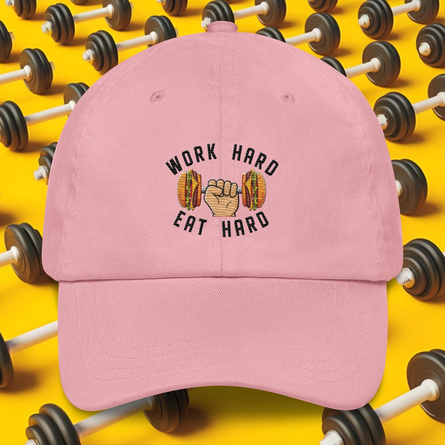 Work Hard Eat Hard Funny Bulk Diet Gym Workout Fitness Bodybuilding Dad hat Pink Hats Bodybuilding Bulking Burgers Fast Food Fitness Gym Workout Next Cult Brand