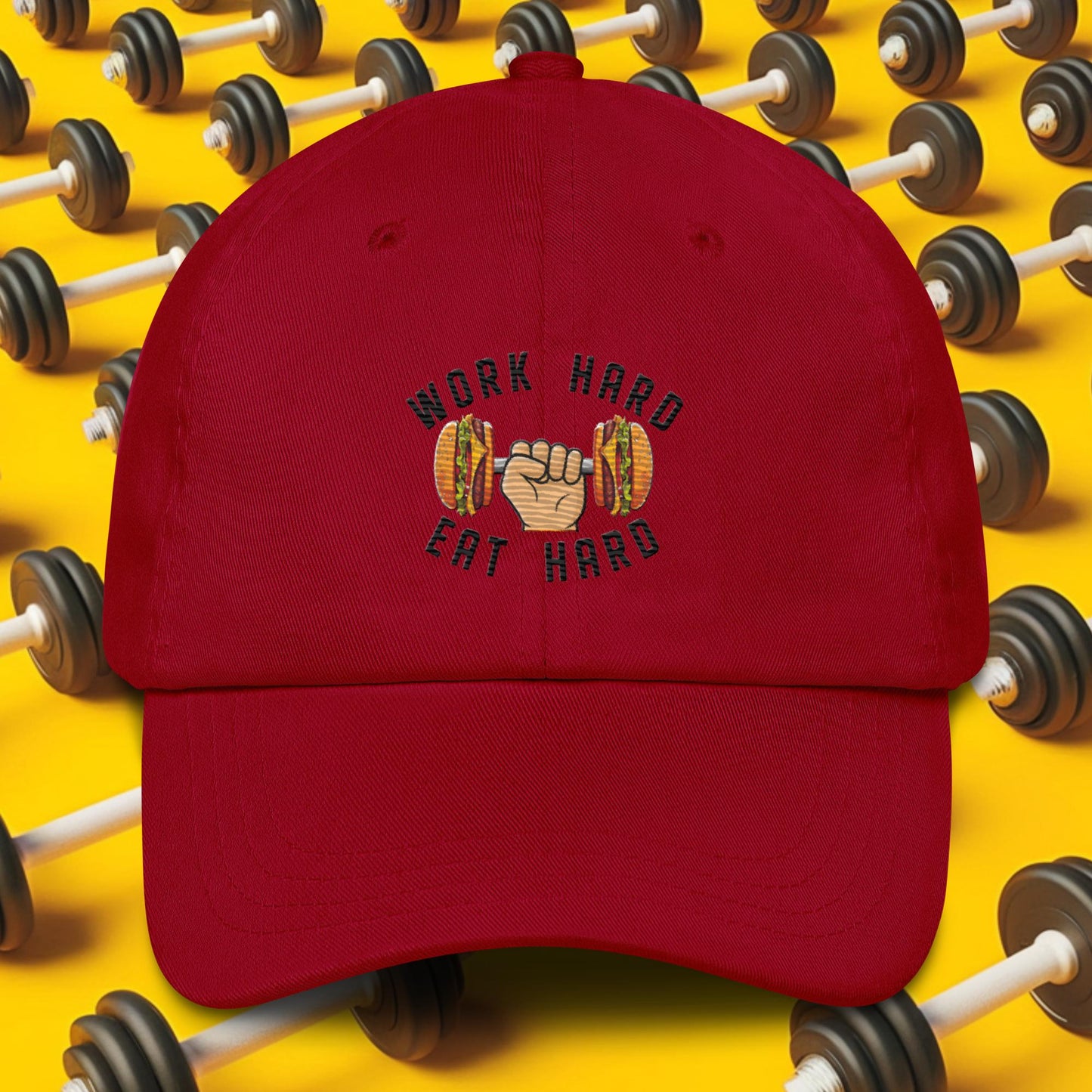 Work Hard Eat Hard Funny Bulk Diet Gym Workout Fitness Bodybuilding Dad hat Cranberry Hats Bodybuilding Bulking Burgers Fast Food Fitness Gym Workout Next Cult Brand