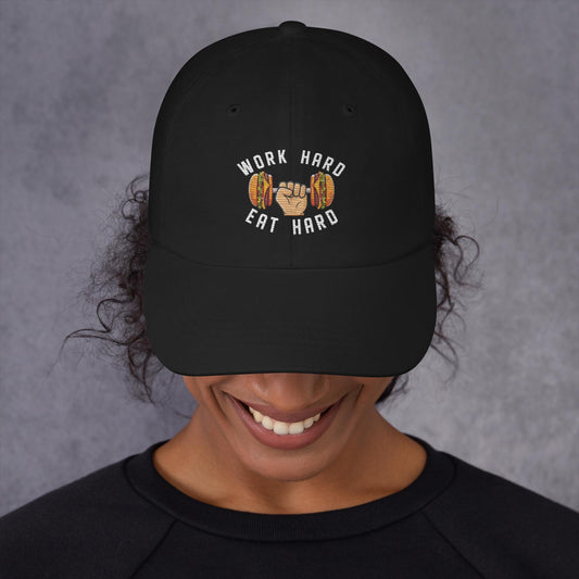 Work Hard Eat Hard Funny Bulk Diet Gym Workout Fitness Bodybuilding Dad hat Black Hats Bulking Burgers Fast Food Next Cult Brand