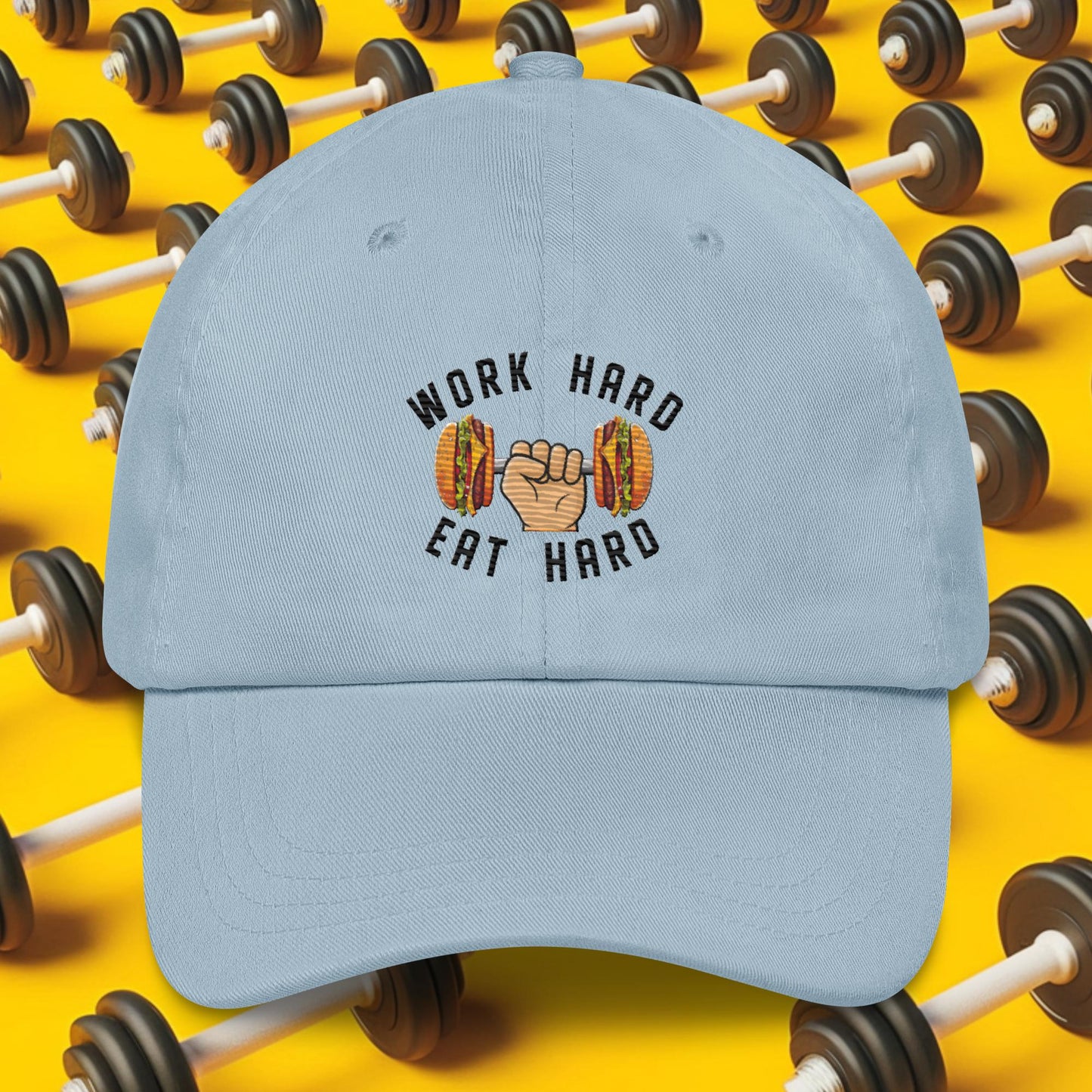 Work Hard Eat Hard Funny Bulk Diet Gym Workout Fitness Bodybuilding Dad hat Light Blue Hats Bodybuilding Bulking Burgers Fast Food Fitness Gym Workout Next Cult Brand