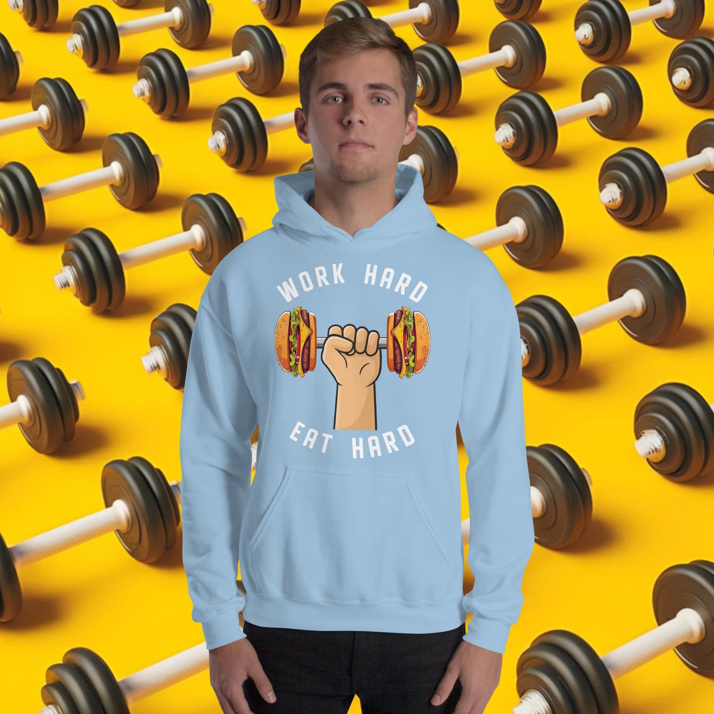Work Hard Eat Hard Funny Bulk Diet Gym Workout Fitness Bodybuilding Unisex Hoodie Light Blue Hoodies Bodybuilding Bulking Burgers Fast Food Fitness Gym Workout Next Cult Brand