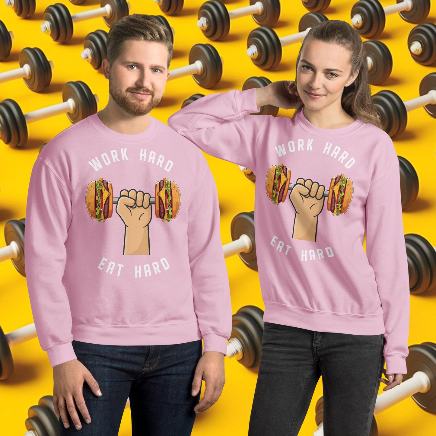Work Hard Eat Hard Funny Bulk Diet Gym Workout Fitness Bodybuilding Unisex Sweatshirt Light Pink Sweatshirts Bodybuilding Bulking Burgers Fast Food Fitness Gym Workout Next Cult Brand