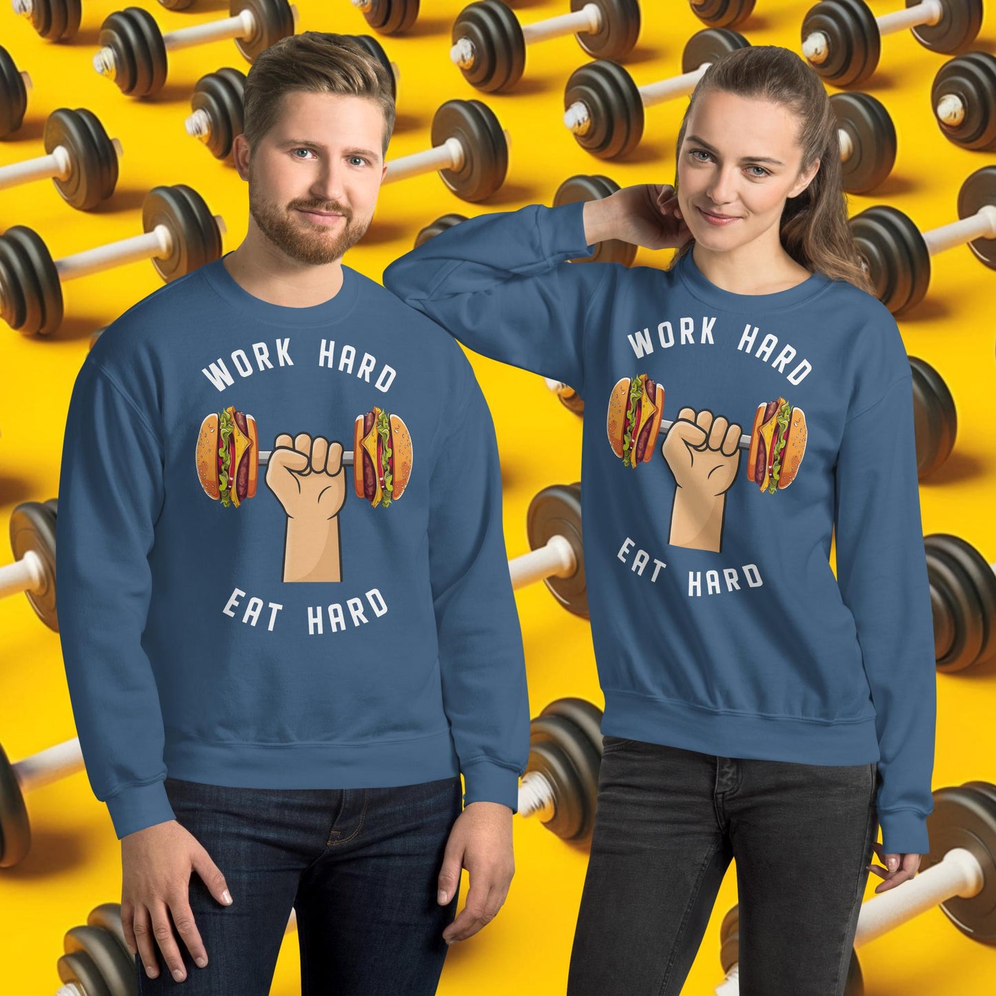 Work Hard Eat Hard Funny Bulk Diet Gym Workout Fitness Bodybuilding Unisex Sweatshirt Indigo Blue Sweatshirts Bodybuilding Bulking Burgers Fast Food Fitness Gym Workout Next Cult Brand