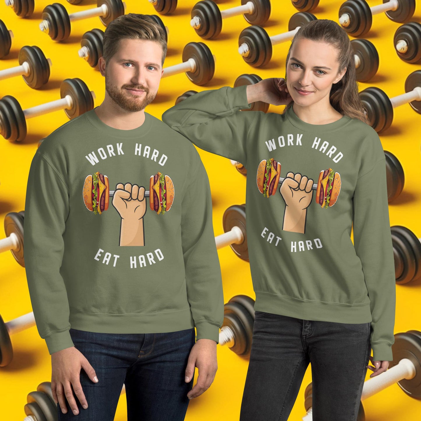 Work Hard Eat Hard Funny Bulk Diet Gym Workout Fitness Bodybuilding Unisex Sweatshirt Military Green Sweatshirts Bodybuilding Bulking Burgers Fast Food Fitness Gym Workout Next Cult Brand