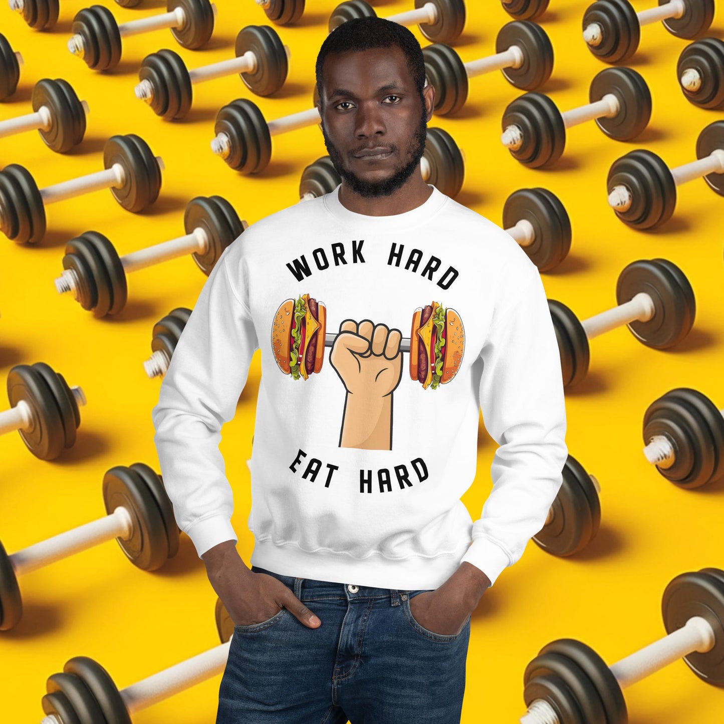 Work Hard Eat Hard Funny Bulk Diet Gym Workout Fitness Bodybuilding Unisex Sweatshirt White Sweatshirts Bodybuilding Bulking Burgers Fast Food Fitness Gym Workout Next Cult Brand