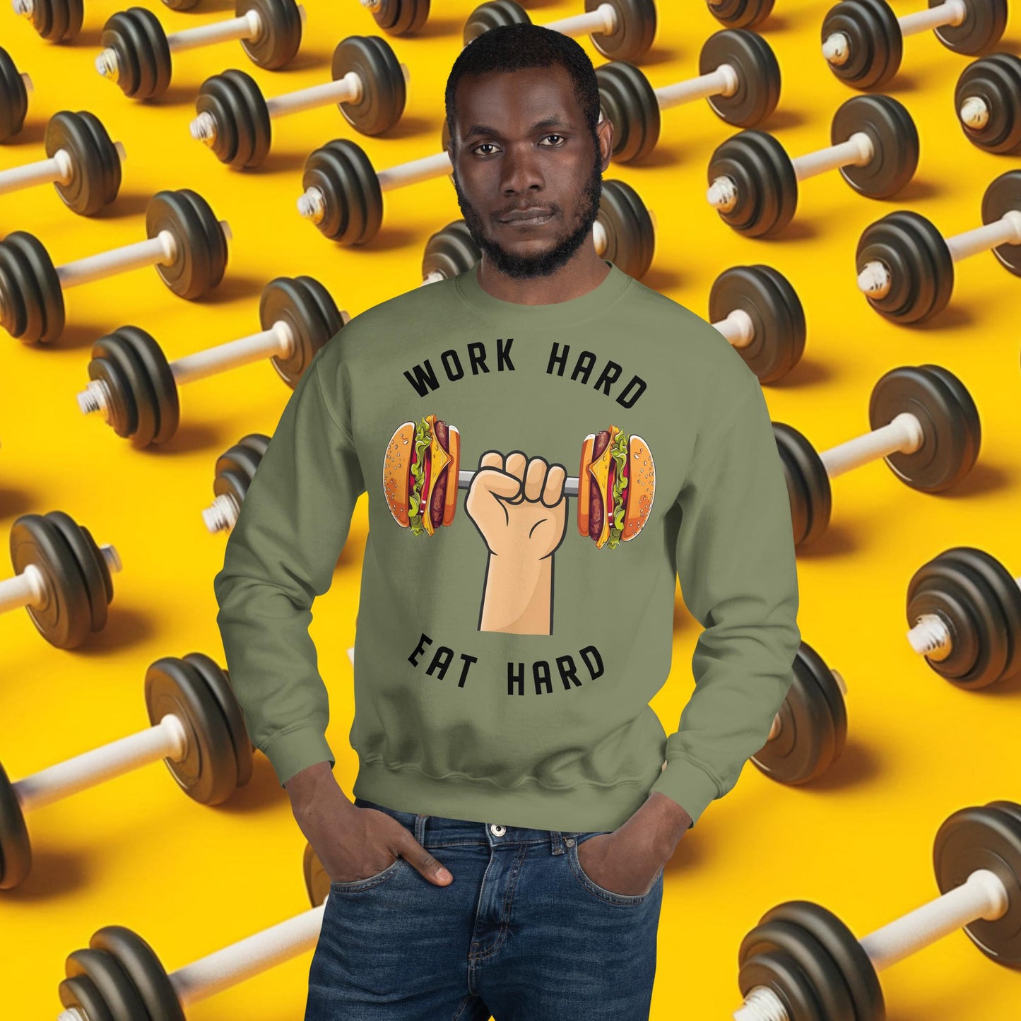 Work Hard Eat Hard Funny Bulk Diet Gym Workout Fitness Bodybuilding Unisex Sweatshirt Military Green Sweatshirts Bodybuilding Bulking Burgers Fast Food Fitness Gym Workout Next Cult Brand