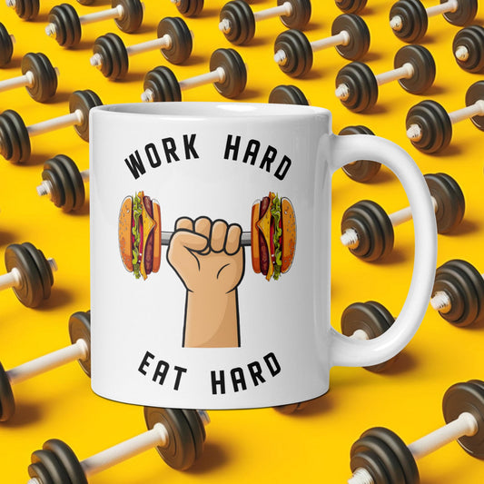 Work Hard Eat Hard Funny Bulk Diet Gym Workout Fitness Bodybuilding White glossy mug Default Title Mugs Bulking Burgers Fast Food Next Cult Brand