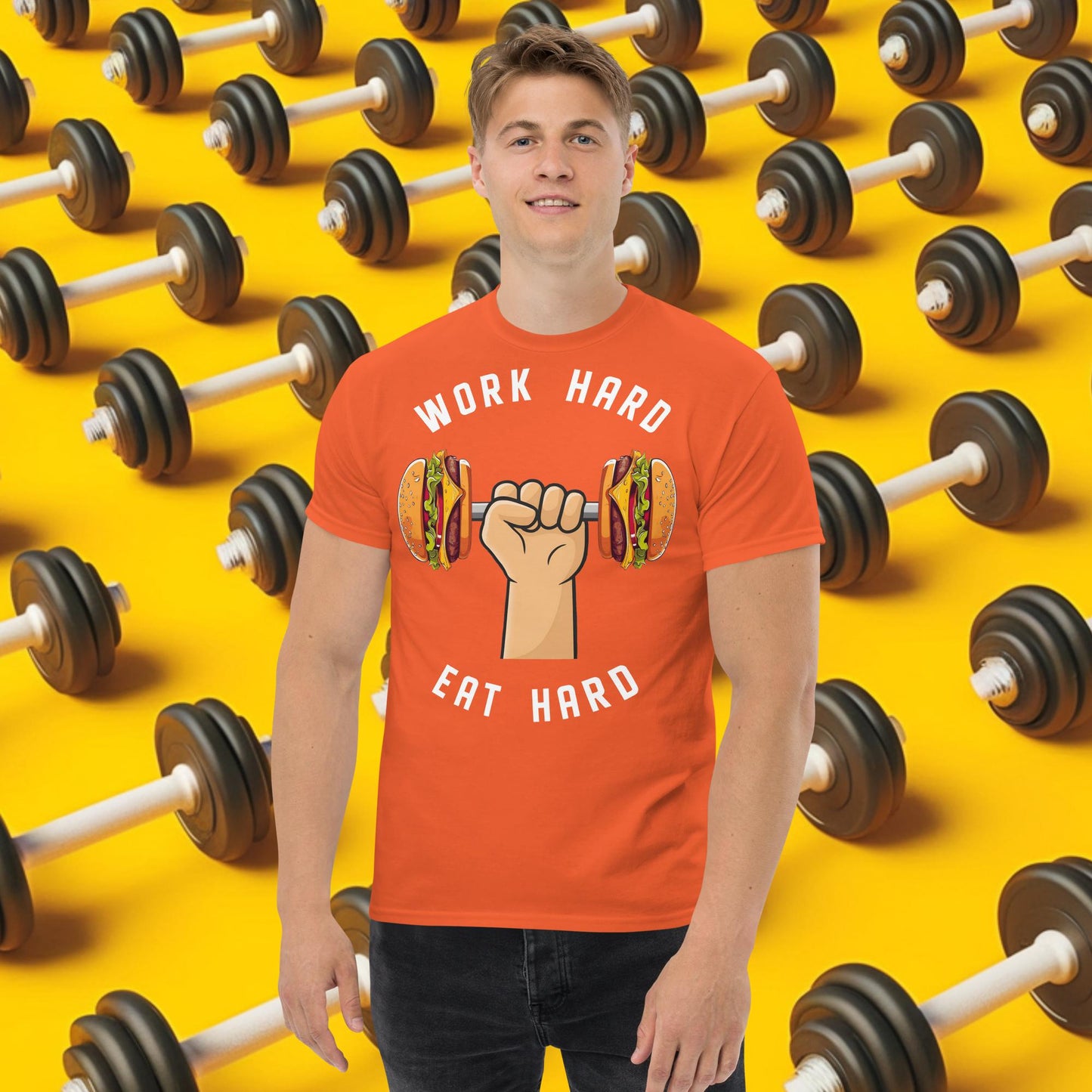 Work Hard Eat Hard Funny Bulk Diet Gym Workout Fitness Bodybuilding tee Orange T-shirts Bodybuilding Bulking Burgers Fast Food Fitness Gym Pump Cover Workout Next Cult Brand