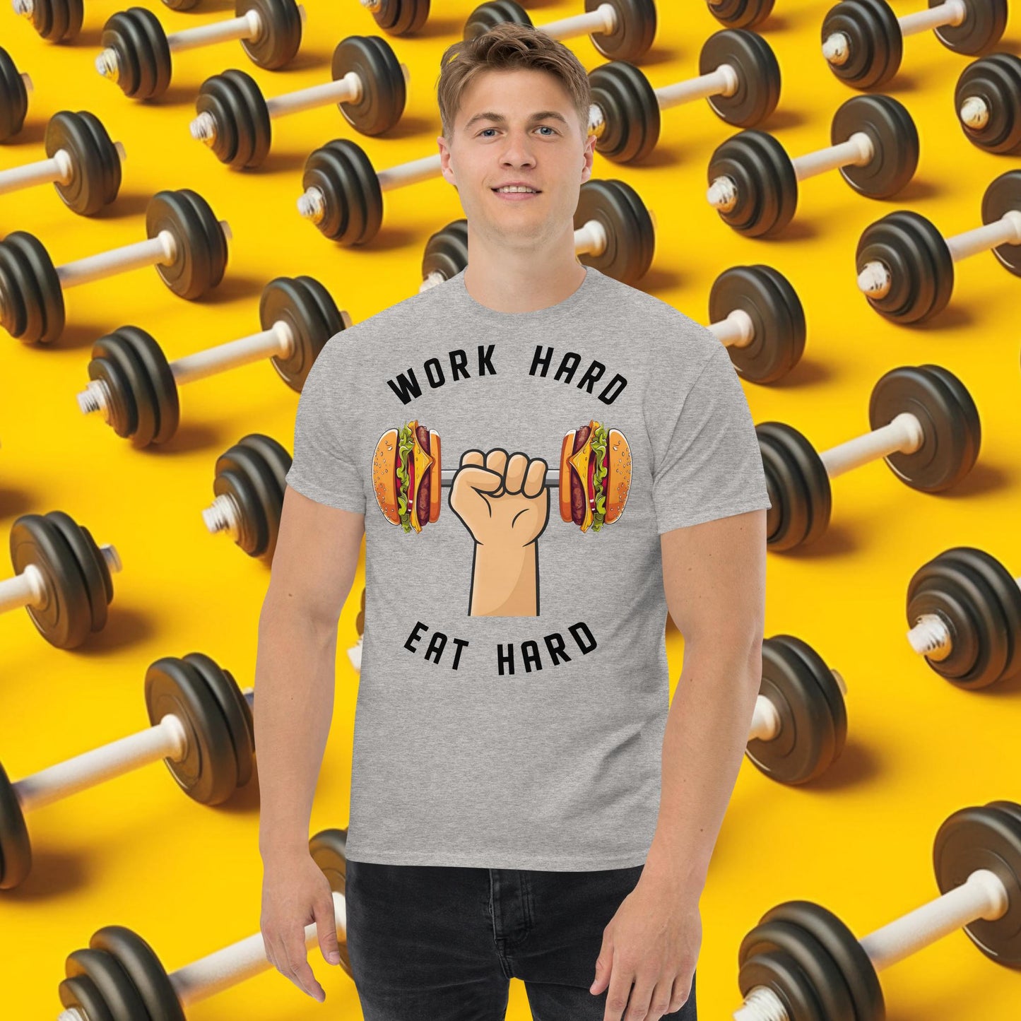 Work Hard Eat Hard Funny Bulk Diet Gym Workout Fitness Bodybuilding tee Sport Grey T-shirts Bodybuilding Bulking Burgers Fast Food Fitness Gym Pump Cover Workout Next Cult Brand