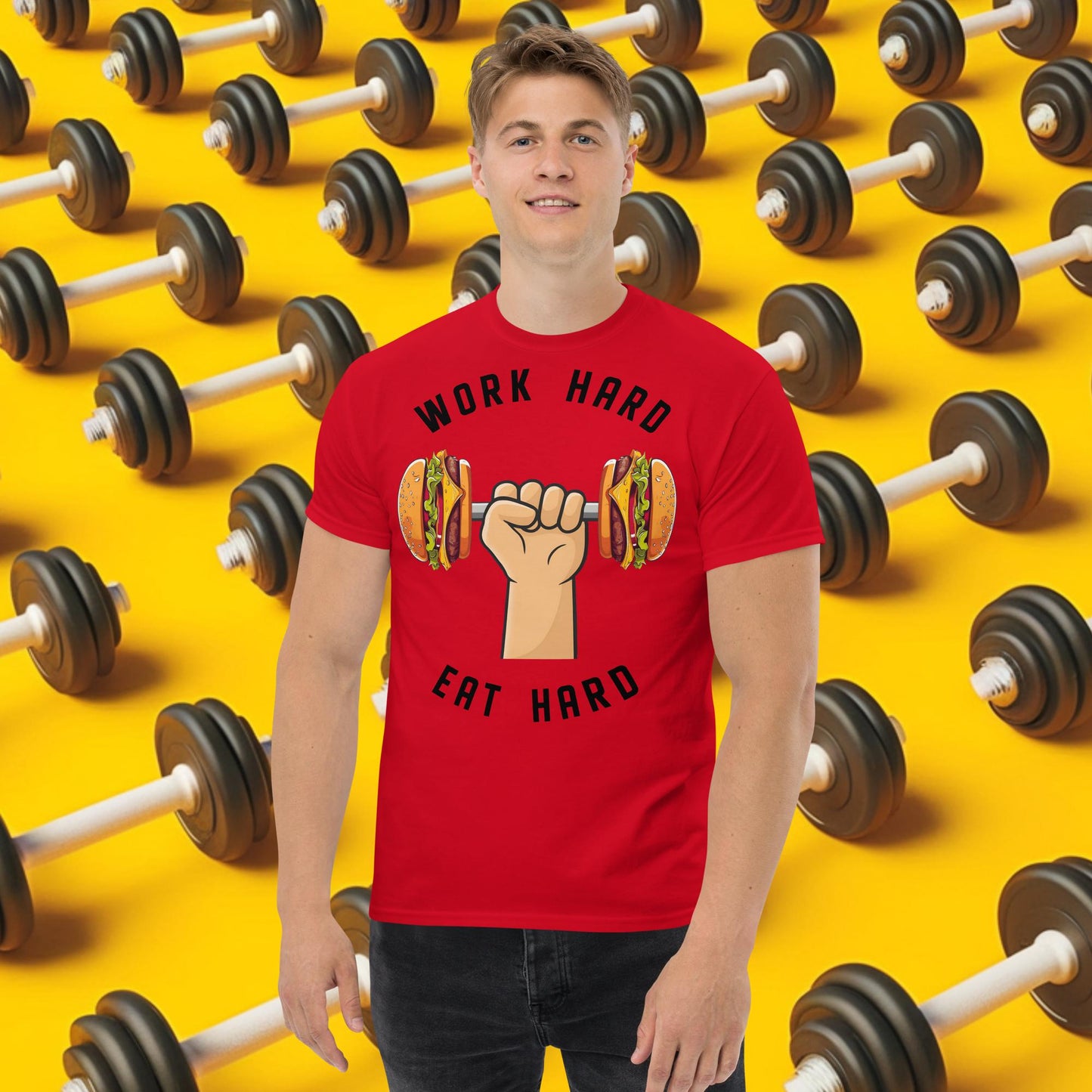 Work Hard Eat Hard Funny Bulk Diet Gym Workout Fitness Bodybuilding tee Red T-shirts Bodybuilding Bulking Burgers Fast Food Fitness Gym Pump Cover Workout Next Cult Brand